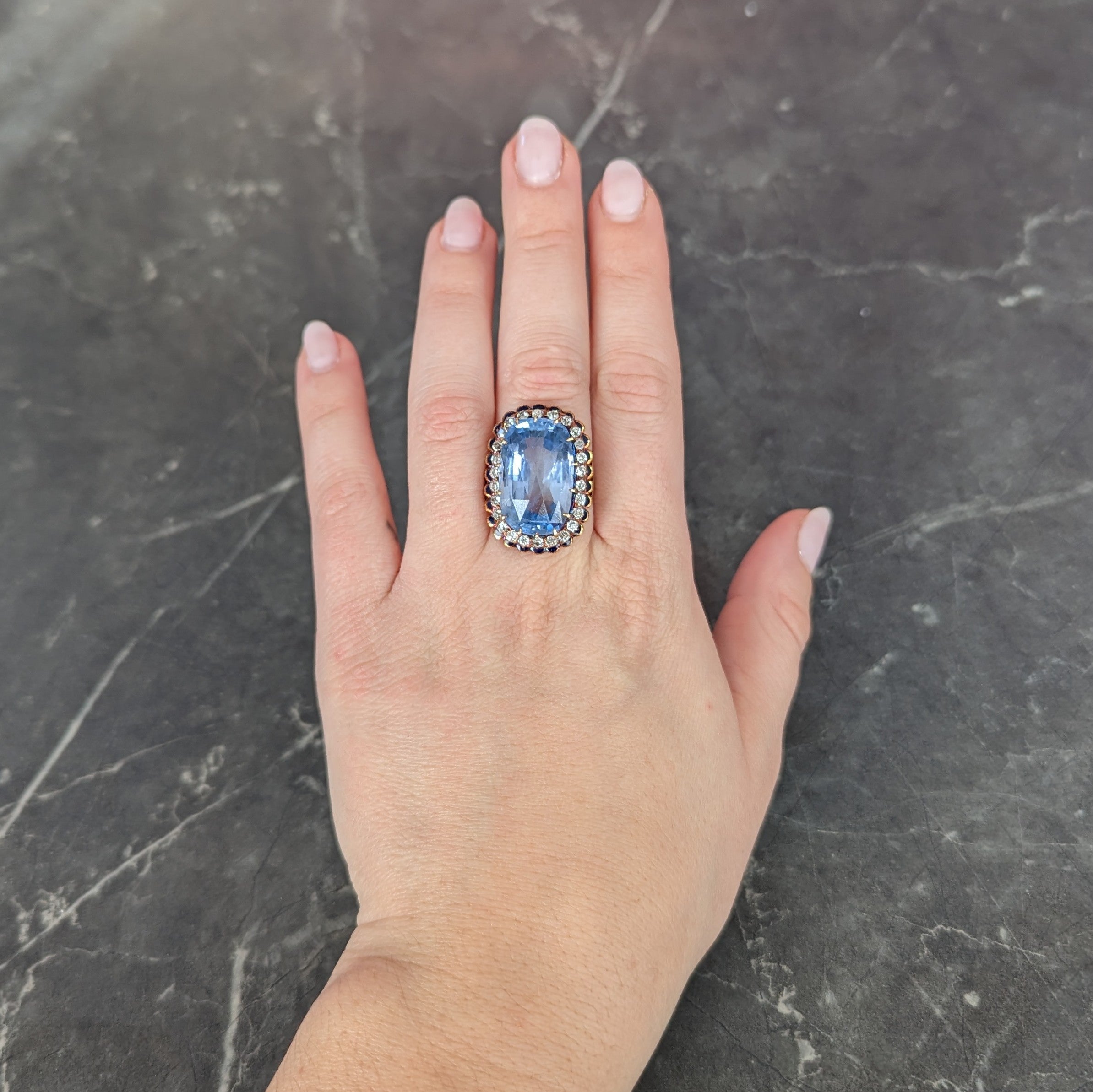 Art Deco 25.39 CTW Cushion Cut No-Heat Ceylon Sapphire Old European Cut Diamond 14 Karat Yellow Gold Enamel Laurel Antique Halo Ring GIA Wilson's Estate Jewelry