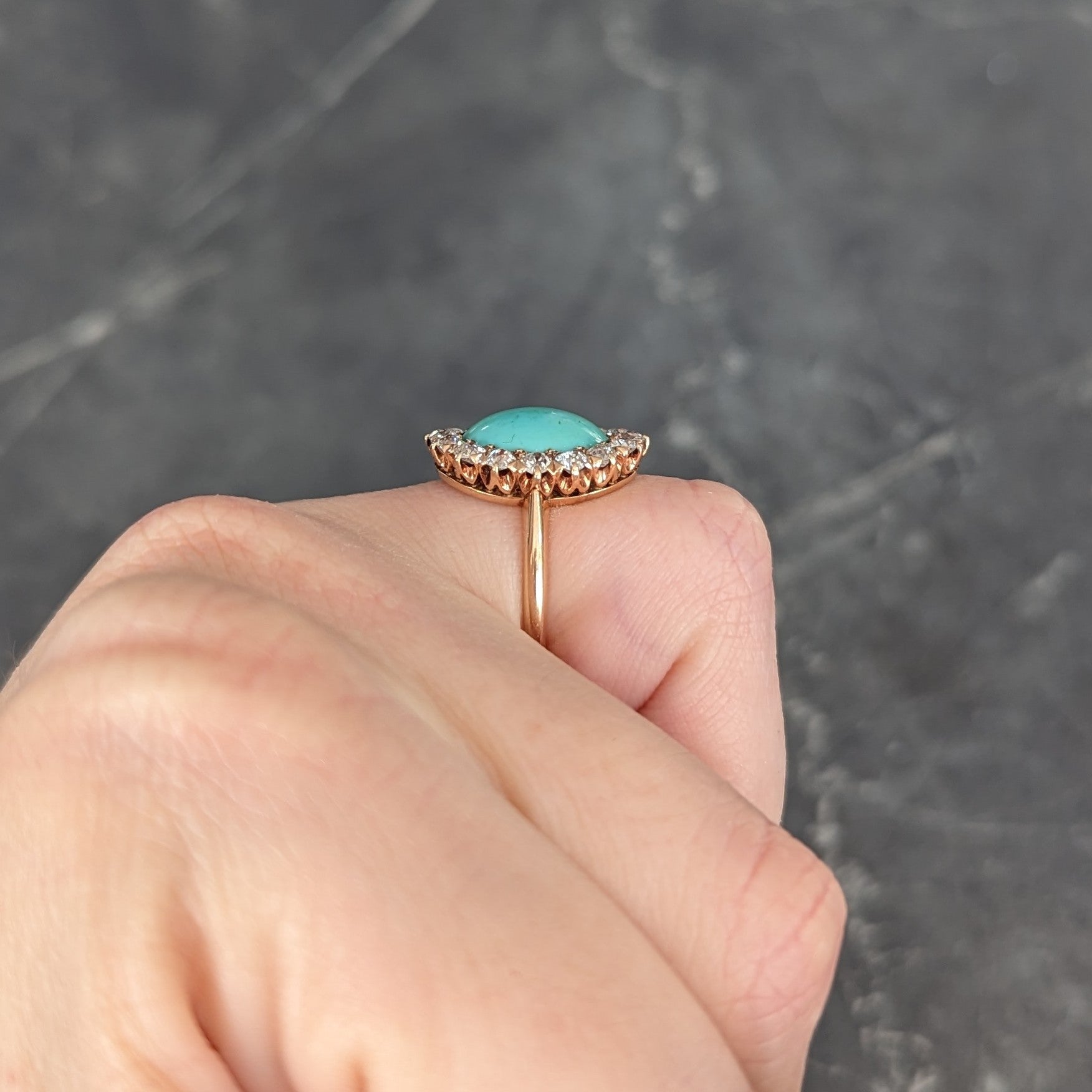 Victorian 1.04 CTW Old European Cut Diamond Turquoise Cabochon 14 Karat Yellow Gold Antique Halo Ring Wilson's Estate Jewelry