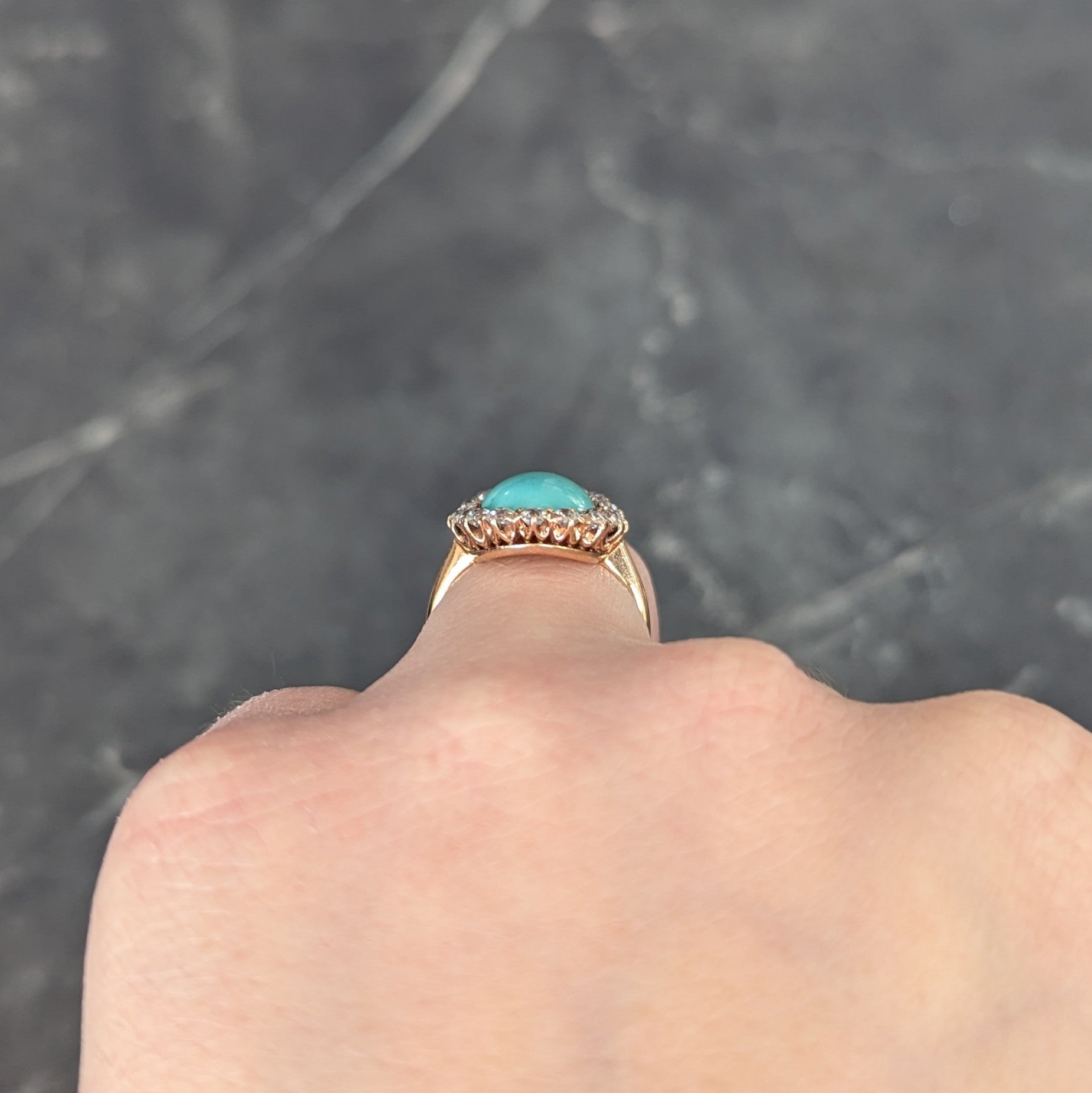 Victorian 1.04 CTW Old European Cut Diamond Turquoise Cabochon 14 Karat Yellow Gold Antique Halo Ring Wilson's Estate Jewelry