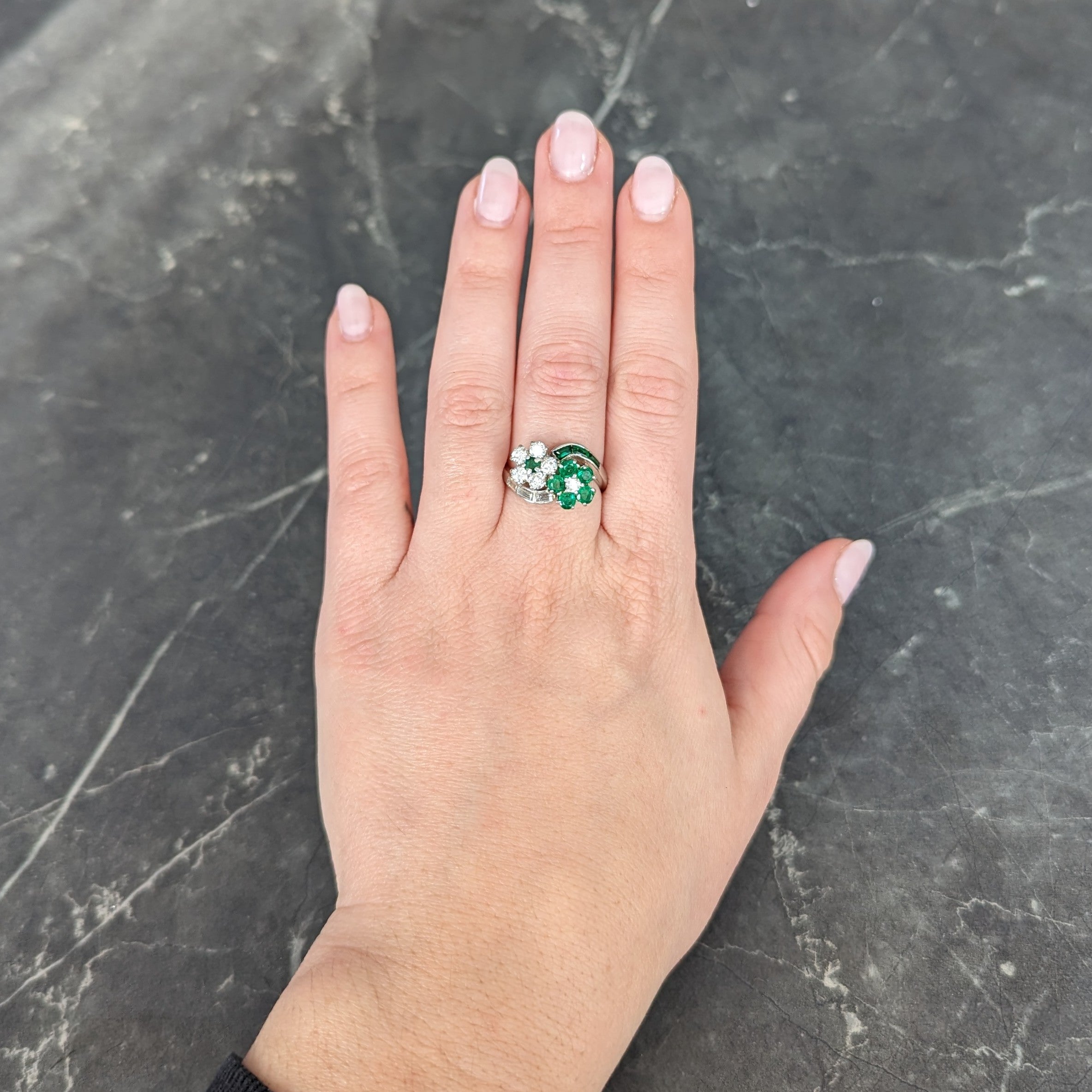 Mid-Century 1.75 CTW Emerald Diamond Platinum Floral Vintage Bypass Ring Wilson's Estate Jewelry