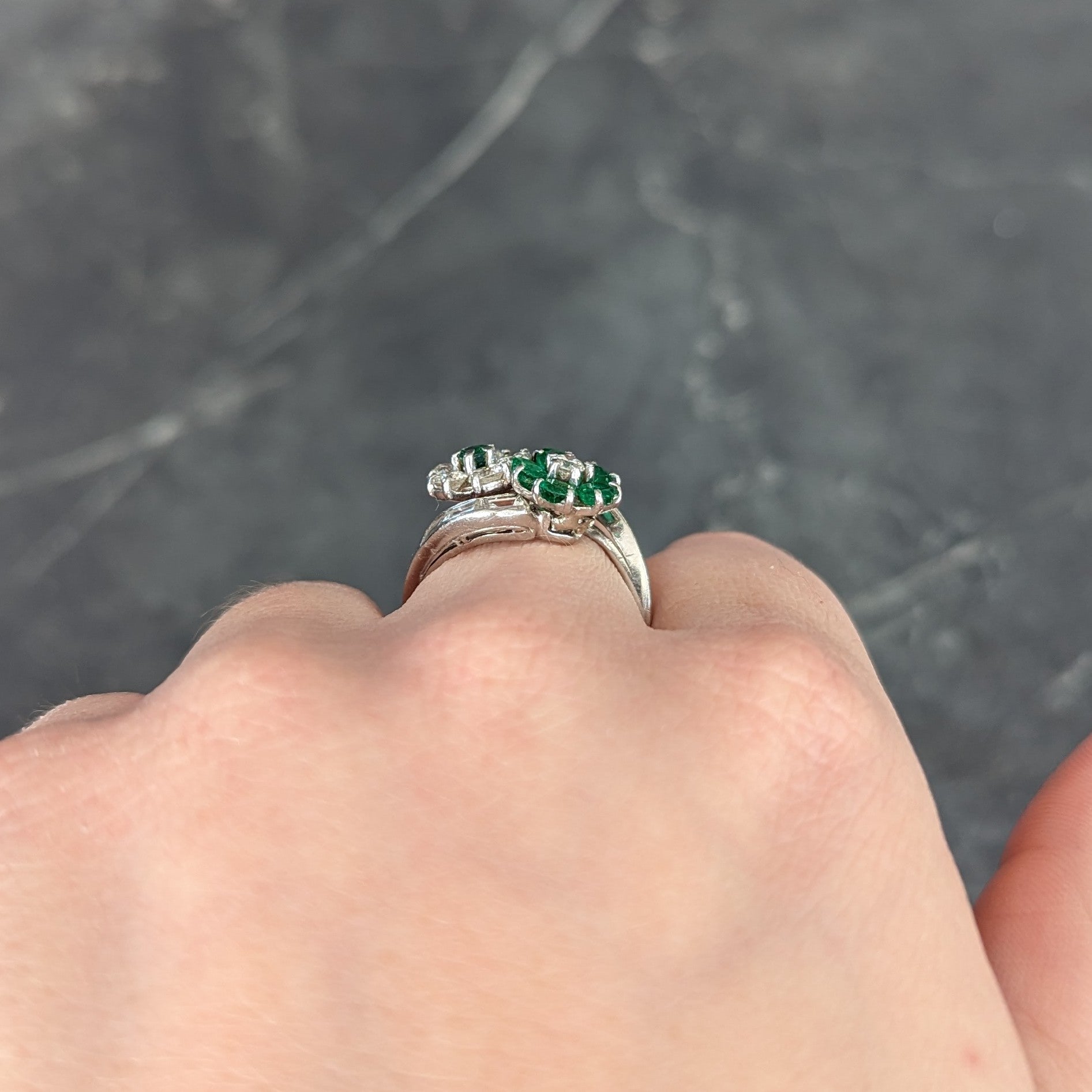 Mid-Century 1.75 CTW Emerald Diamond Platinum Floral Vintage Bypass Ring Wilson's Estate Jewelry