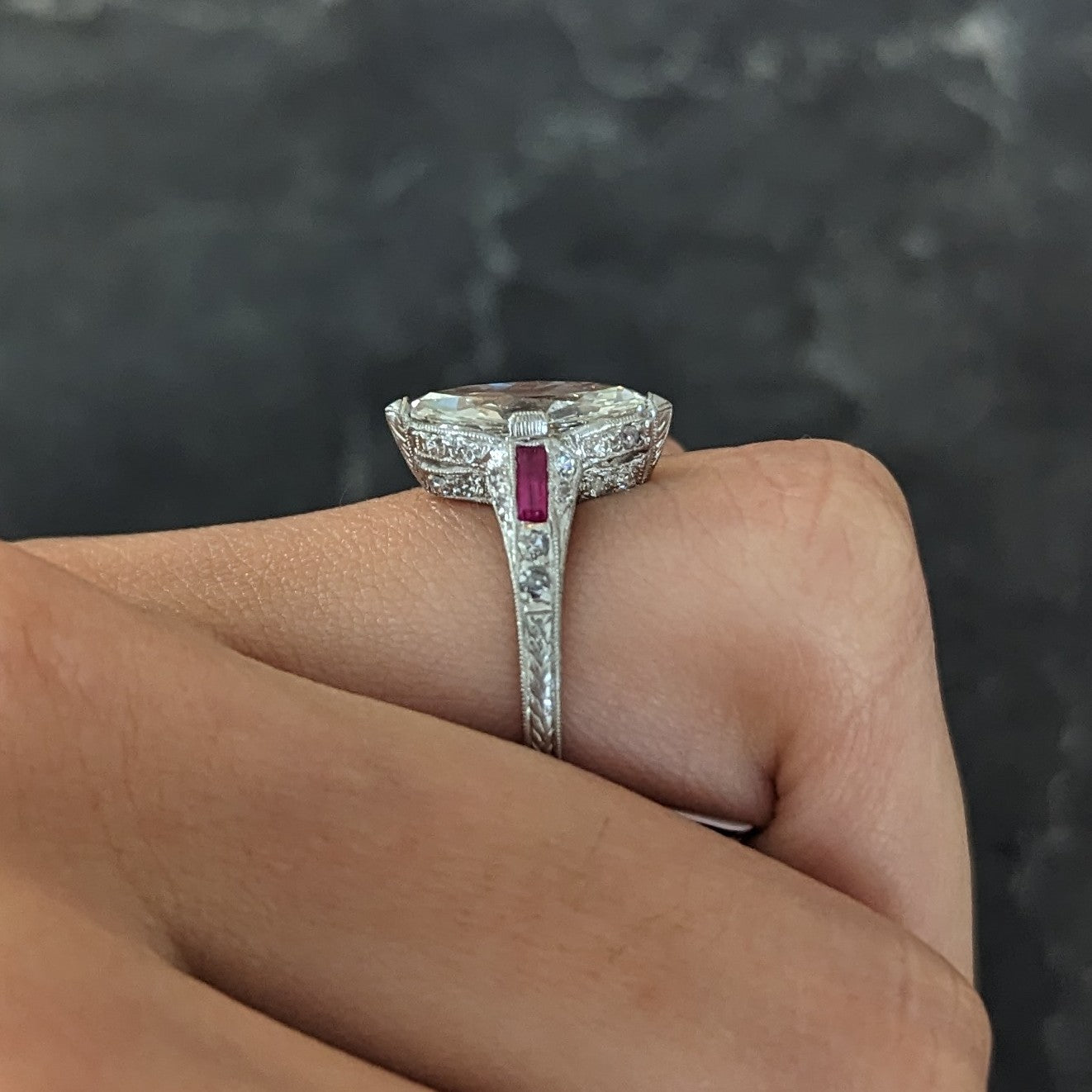 Art Deco 1.98 CTW Marquise Cut Diamond Ruby Platinum Wheat Engagement Ring Wilson's Estate Jewelry