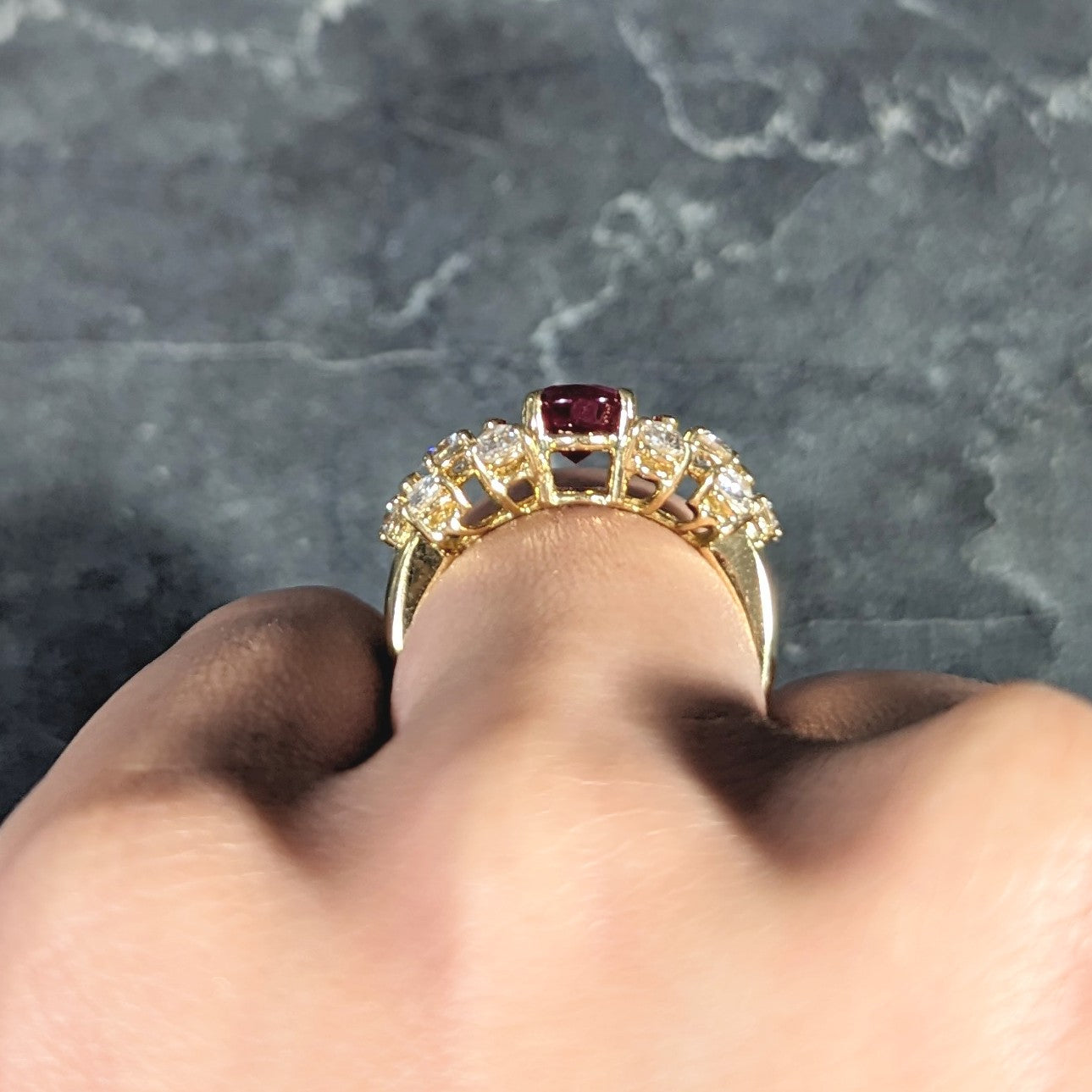 Vintage 2.77 CTW Oval Cut Burma Ruby Pear Cut Diamond 18 Karat Yellow Gold Cluster Ring GIA Wilson's Estate Jewelry