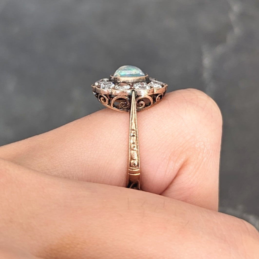 Victorian 1.08 CTW Jelly Opal Cabochon Old Mine Cut Diamond 18 Karat Rose Gold Antique Halo Ring Wilson's Estate Jewelry