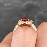 Vintage 3.49 CTW Emerald Cut Ruby Diamond 18 Karat Yellow Gold Halo Cluster Ring GIA Wilson's Estate Jewelry