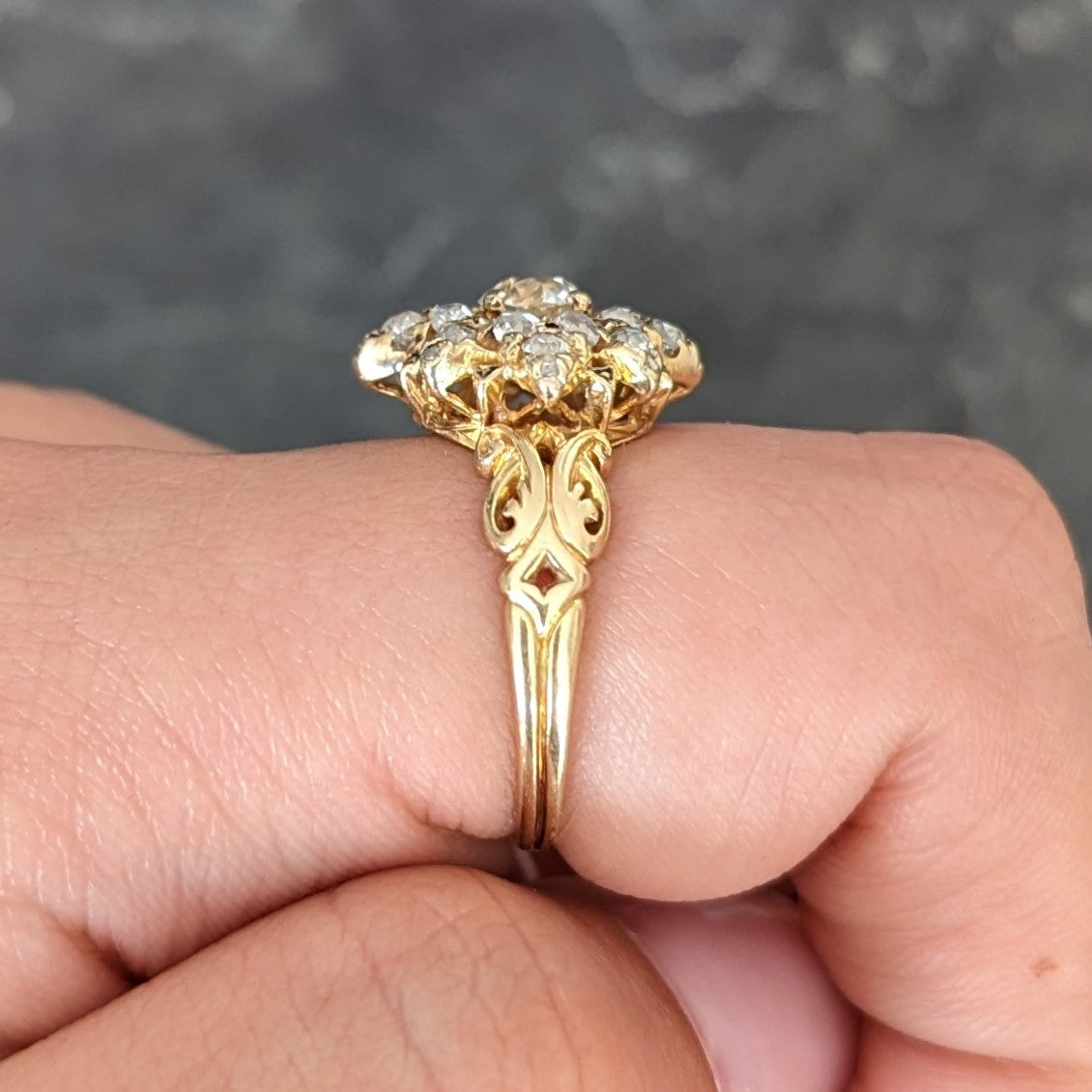 Victorian 1.12 CTW Old European Cut Diamond Enamel 14 Karat Yellow Gold Starburst Antique Cluster Ring Wilson's Estate Jewelry