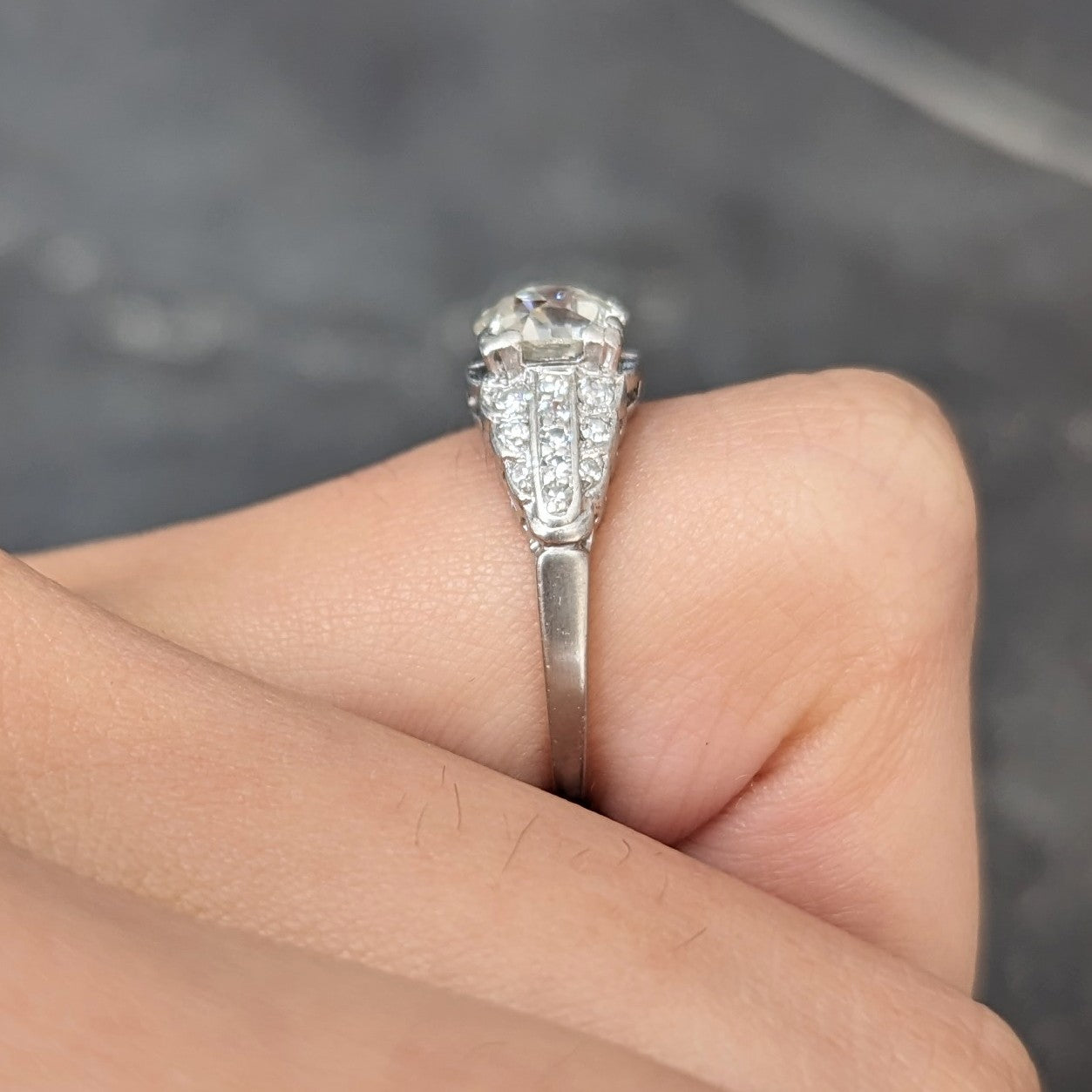 Art Deco 1.35 CTW Old European Cut Diamond Platinum Square Form Stepped Vintage Engagement Ring Wilson's Estate Jewelry