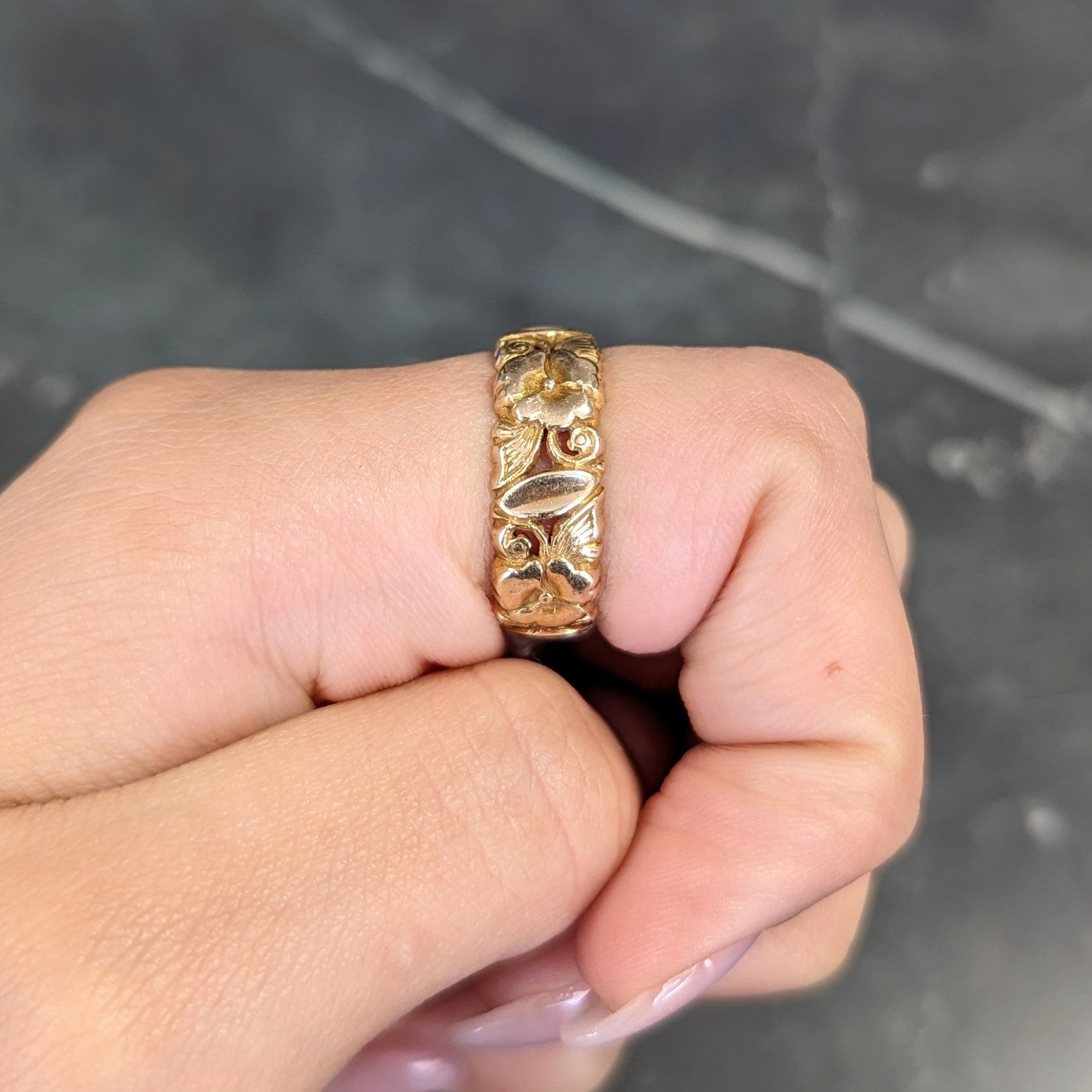 Art Nouveau 14 Karat Yellow Gold Pansy Antique Floral Eternity Band Ring Wilson's Estate Jewelry