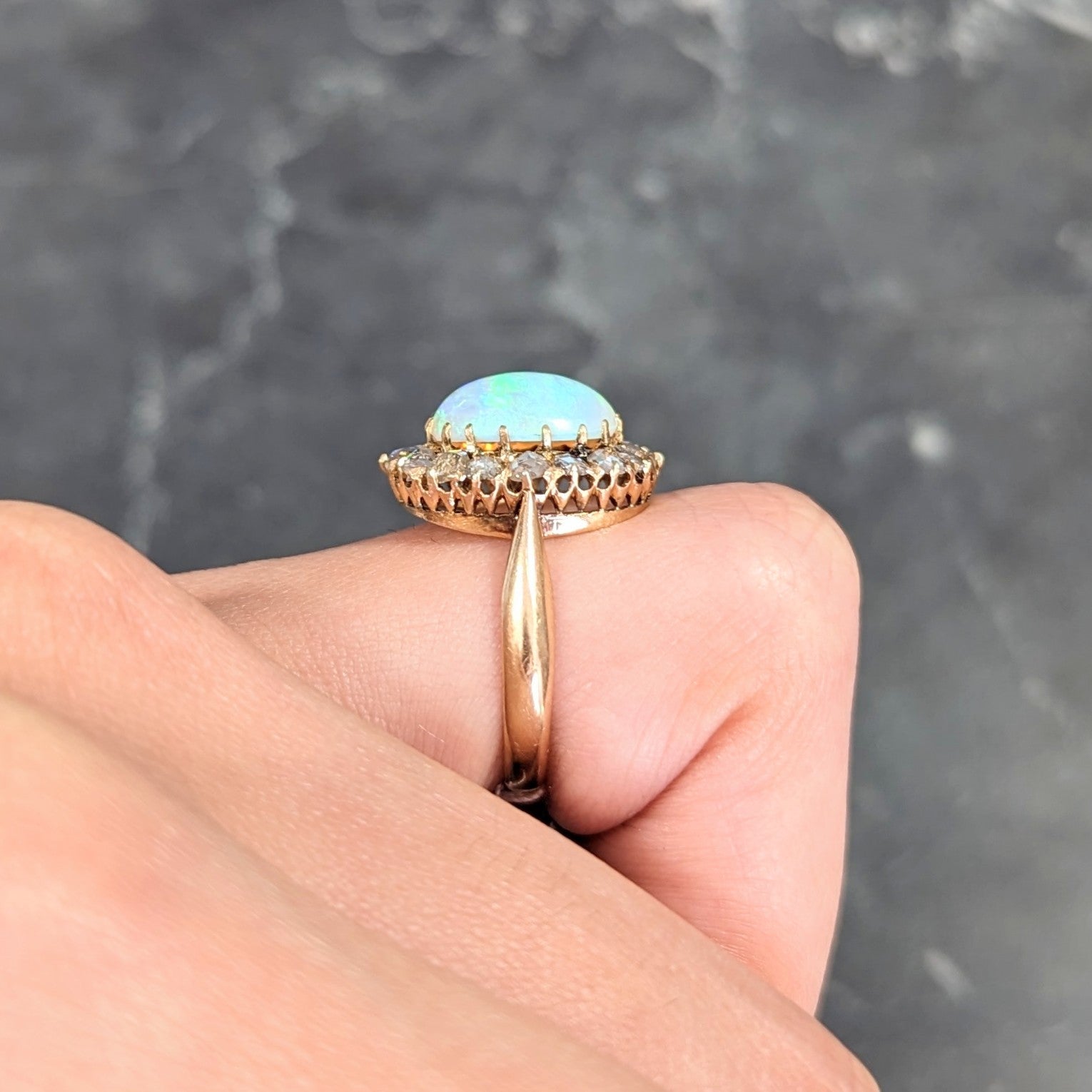 Victorian Opal Cabochon Diamond 18 Karat Yellow Gold Antique Halo Ring Wilson's Estate Jewelry