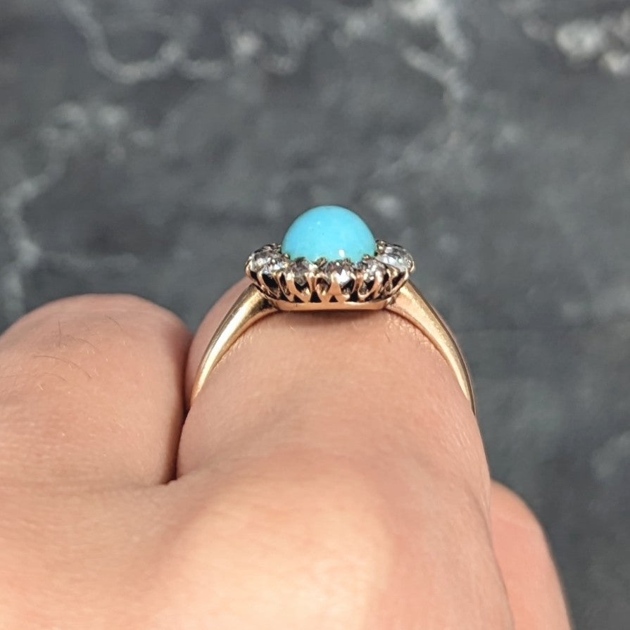 Victorian Turquoise Cabochon Old Mine  Cut Diamond 14 Karat Yellow Gold Halo Ring Wilson's Estate Jewelry