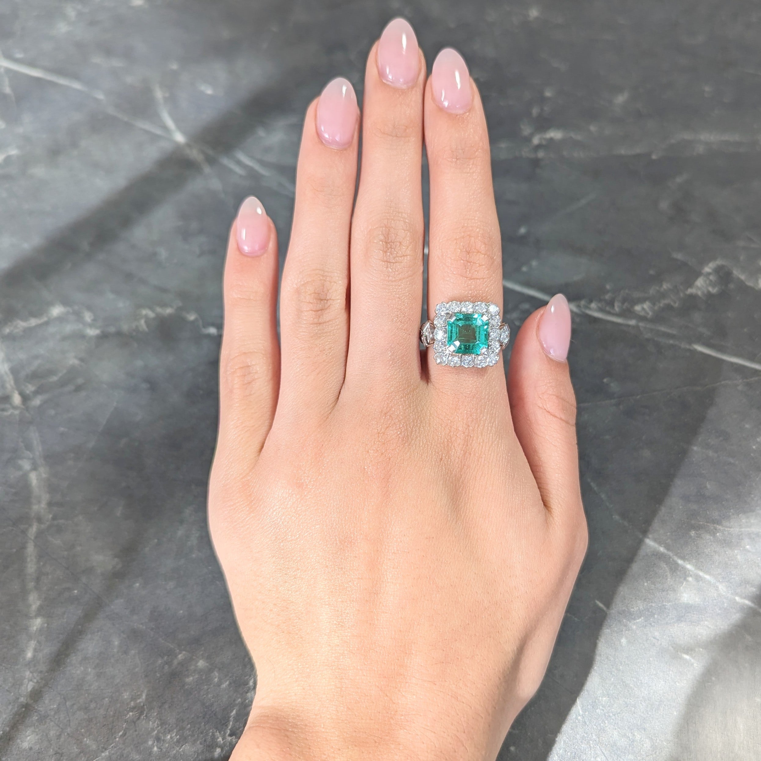 Mid-Century 5.73 CTW  Colombian Emerald Transitional Cut Diamond Platinum Vintage Halo Ring GIA Wilson's Estate Jewelry