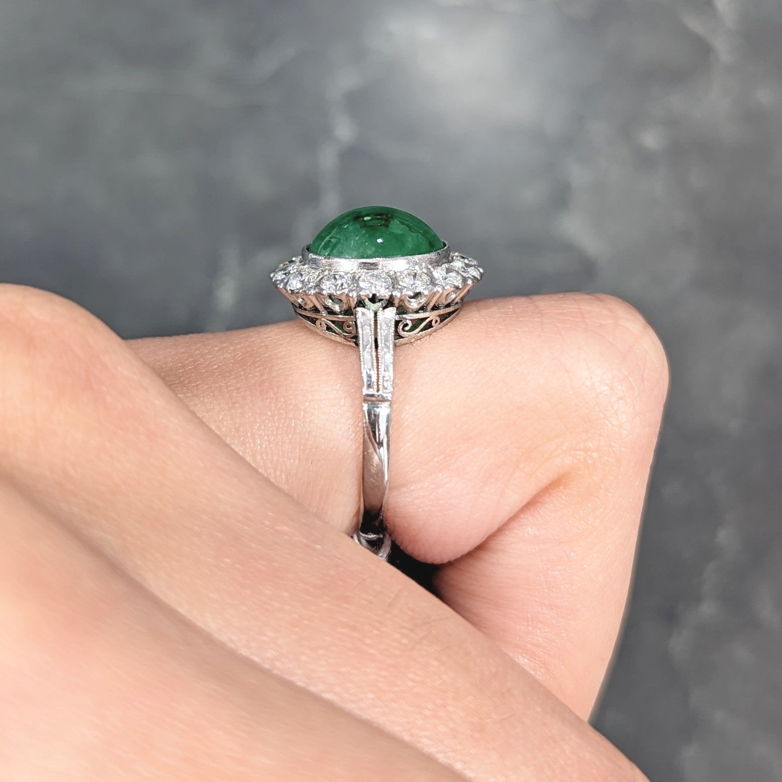 Art Deco Diamond Natural Jade Cabochon Platinum Scrolling Vintage Halo Ring GIA Wilson's Estate Jewelry