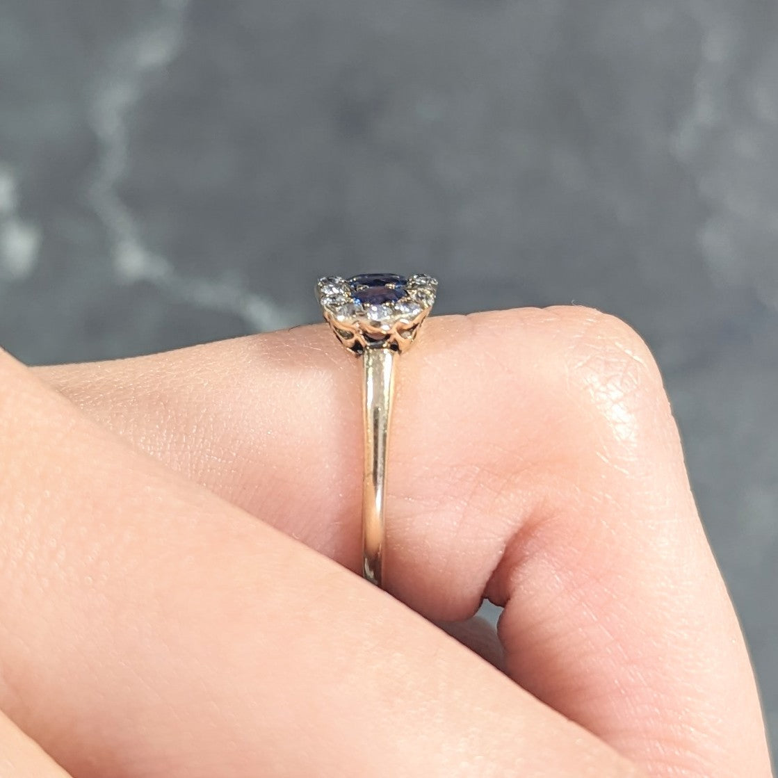 Victorian 1.82 CTW Sapphire Old European Cut Diamond 14 Karat Yellow Gold Antique Five Stone Halo Ring Wilson's Estate Jewelry