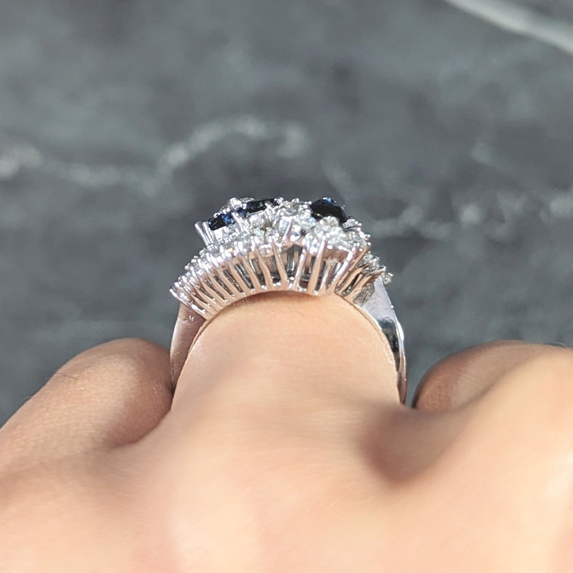 Mid-Century 1.68 CTW Marquise Cut Sapphire Diamond Platinum Clustered Vintage Bypass Ring Wilson's Estate Jewelry