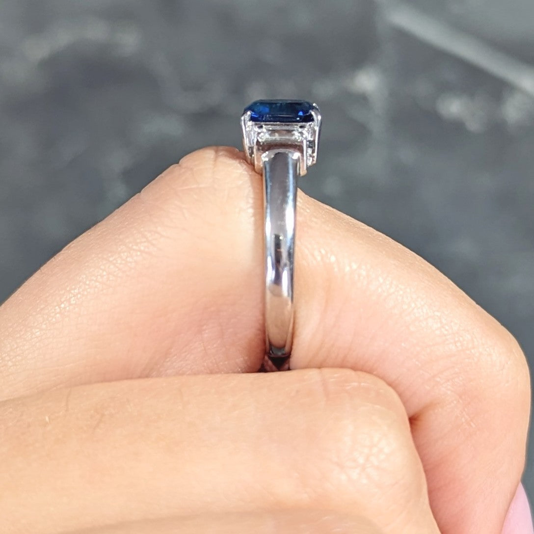 Contemporary 2.01 CTW Cushion Cut Sapphire Diamond Platinum Three Stone Ring Wilson's Estate Jewelry