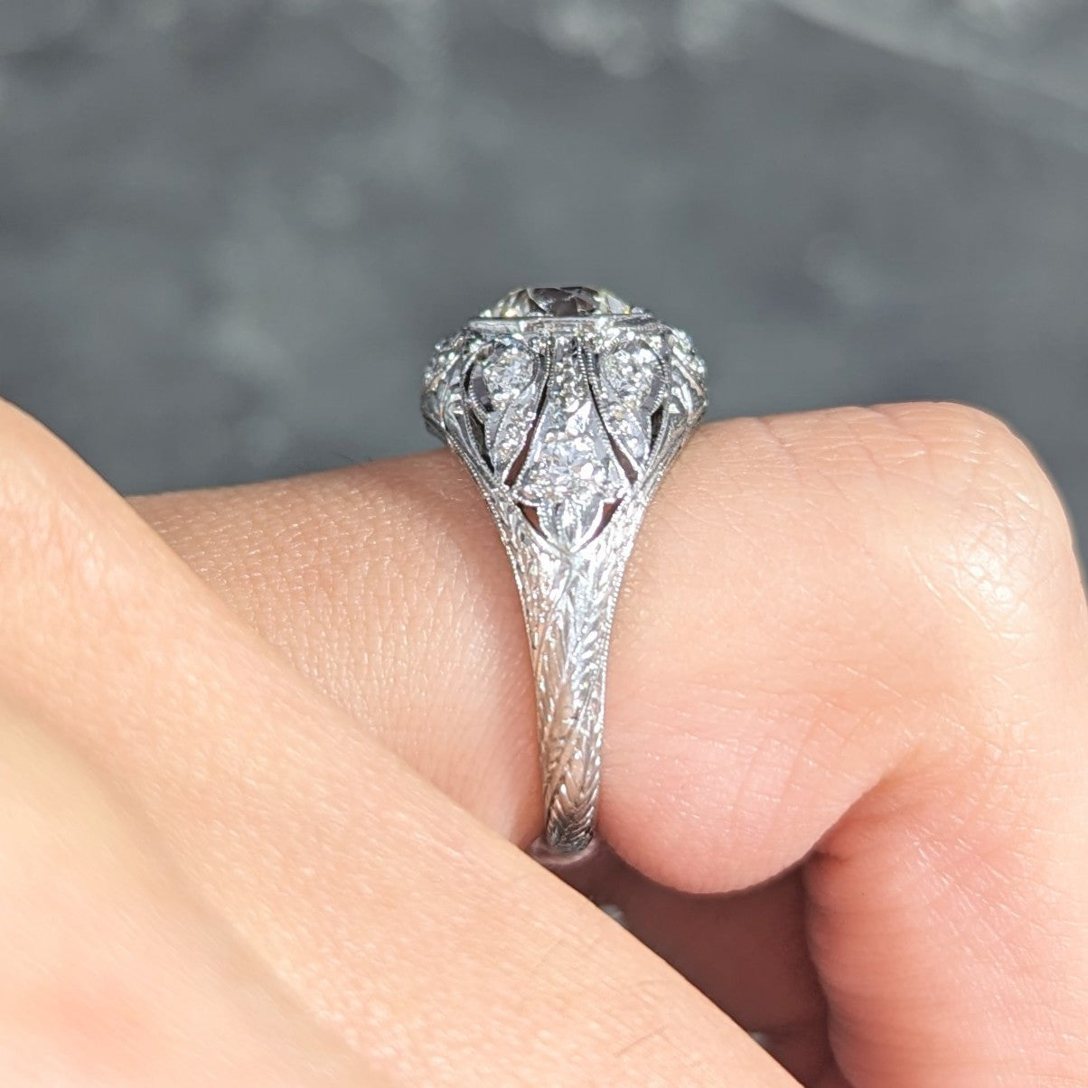 Art Deco 1.53 CTW Old European Cut Diamond Platinum Scrolling Foliate Bombay Vintage Engagement Ring Wilson's Estate Jewelry