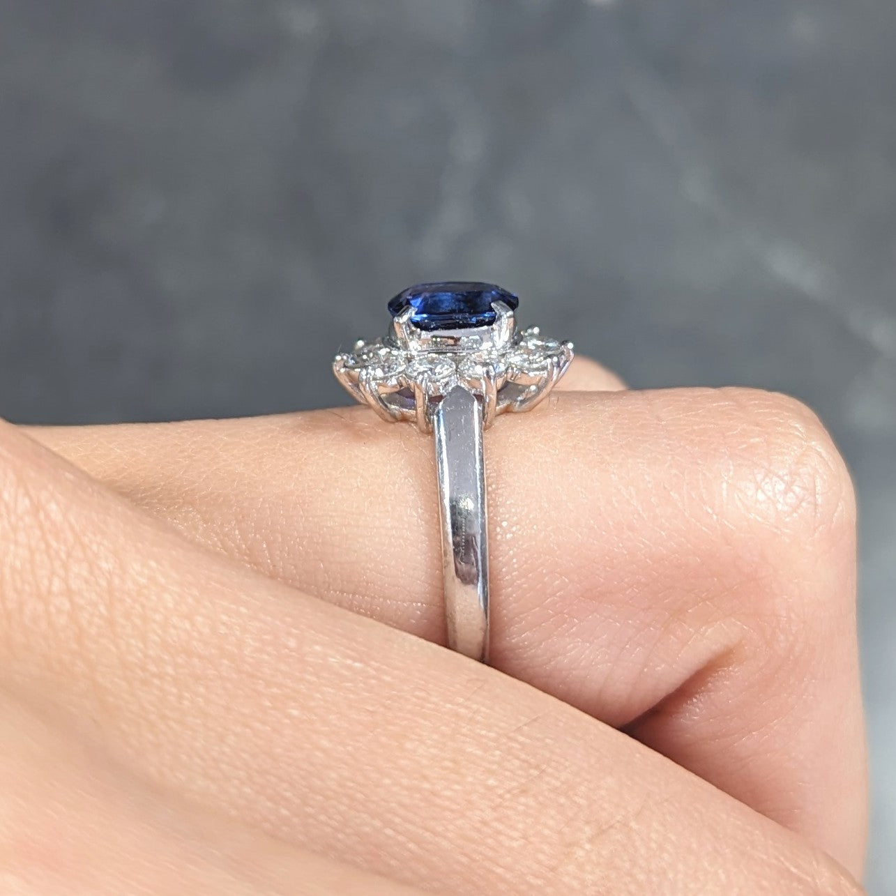 Contemporary 2.13 CTW Cushion Cut Sapphire Diamond Platinum Halo Ring Wilson's Estate Jewelry