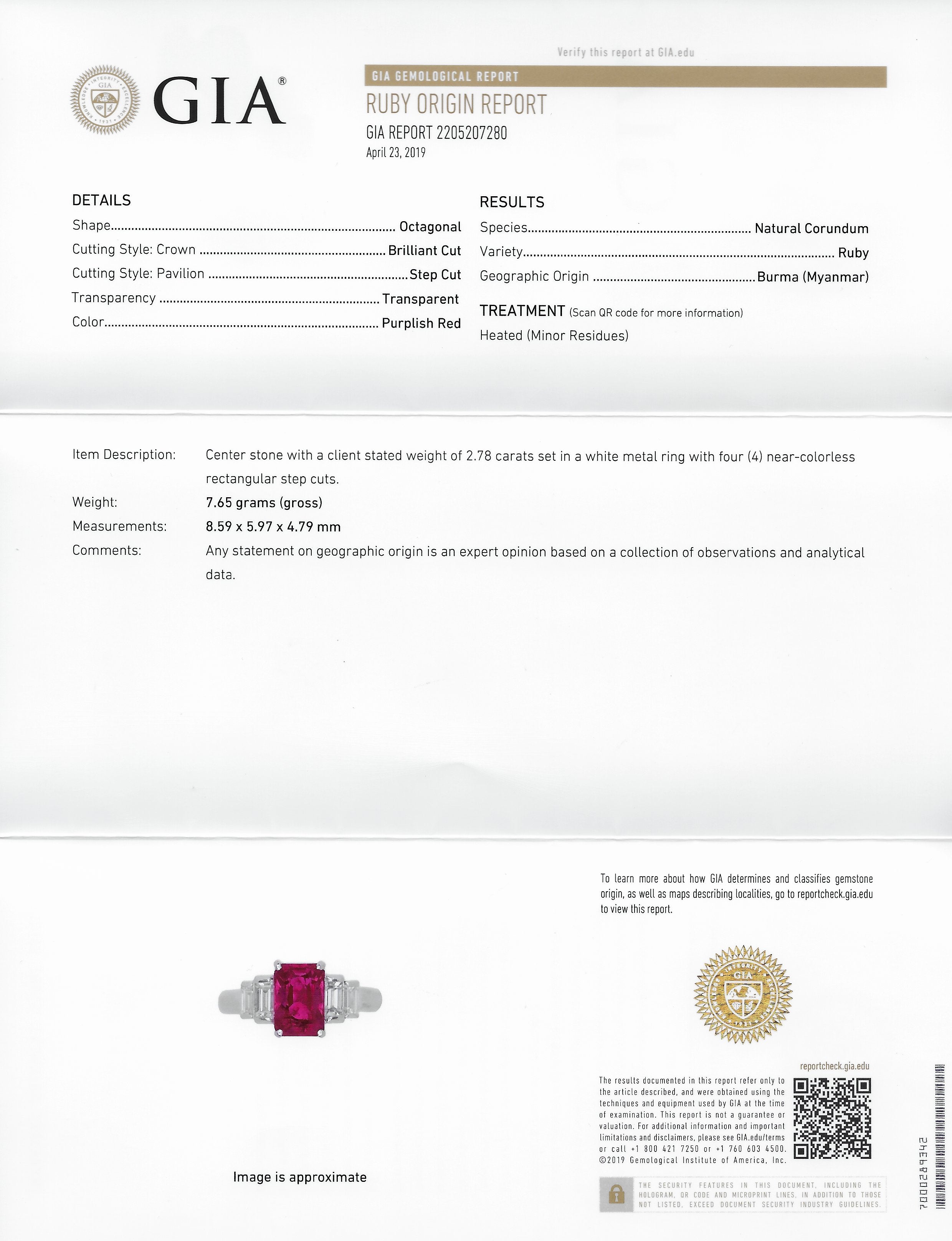 Contemporary 3.49 CTW Burma Ruby Diamond Platinum Stepped Statement Ring GIARing - Wilson's Estate Jewelry