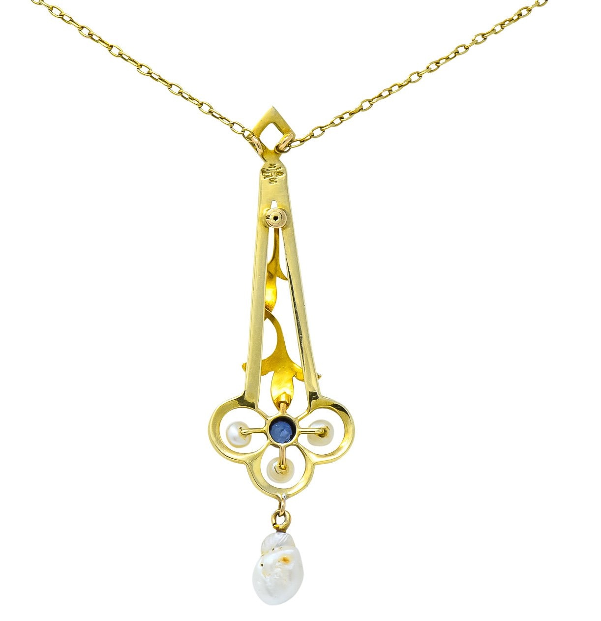 A.J. Hedges & Co. 1905 Art Nouveau Enamel Sapphire Pearl 14 Karat Gold Drop Necklace - Wilson's Estate Jewelry