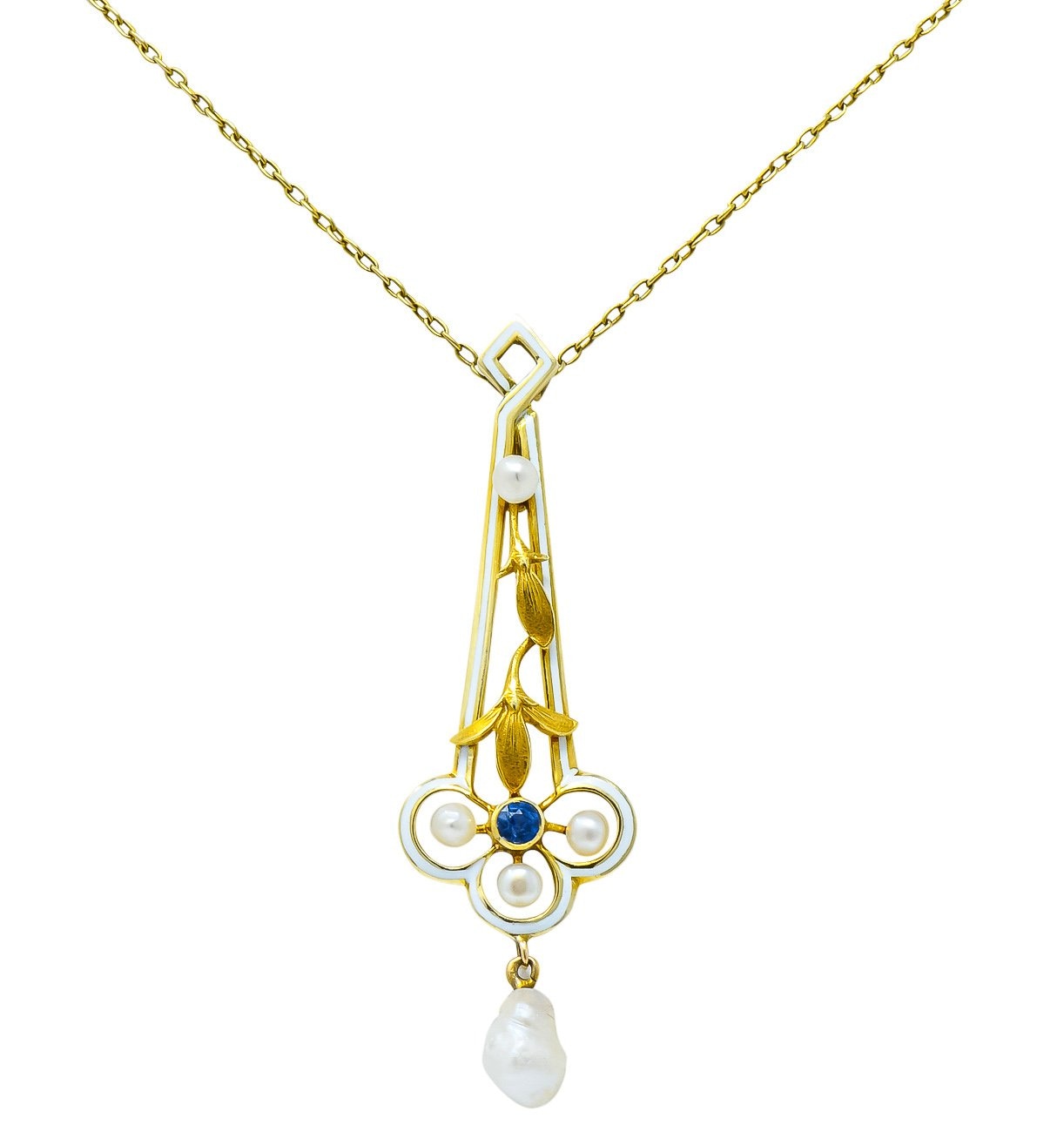 A.J. Hedges & Co. 1905 Art Nouveau Enamel Sapphire Pearl 14 Karat Gold Drop Necklace - Wilson's Estate Jewelry