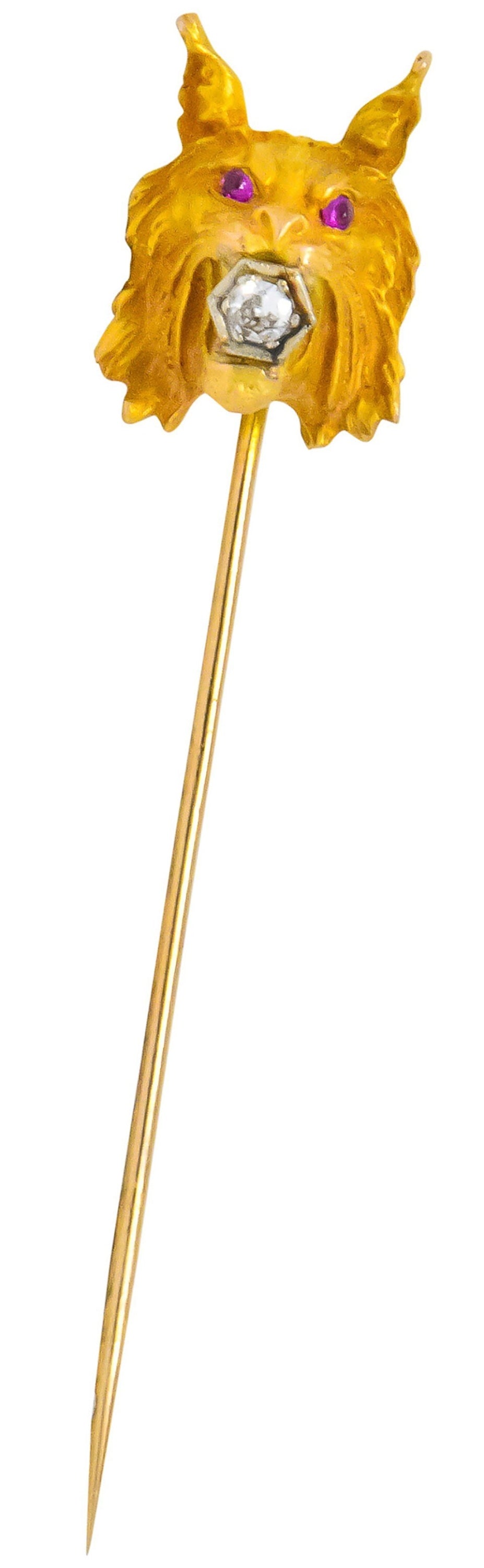 Allsopp-Steller Inc. Art Nouveau Diamond Ruby 14 Karat Two-Tone Gold Bobcat Stickpin - Wilson's Estate Jewelry