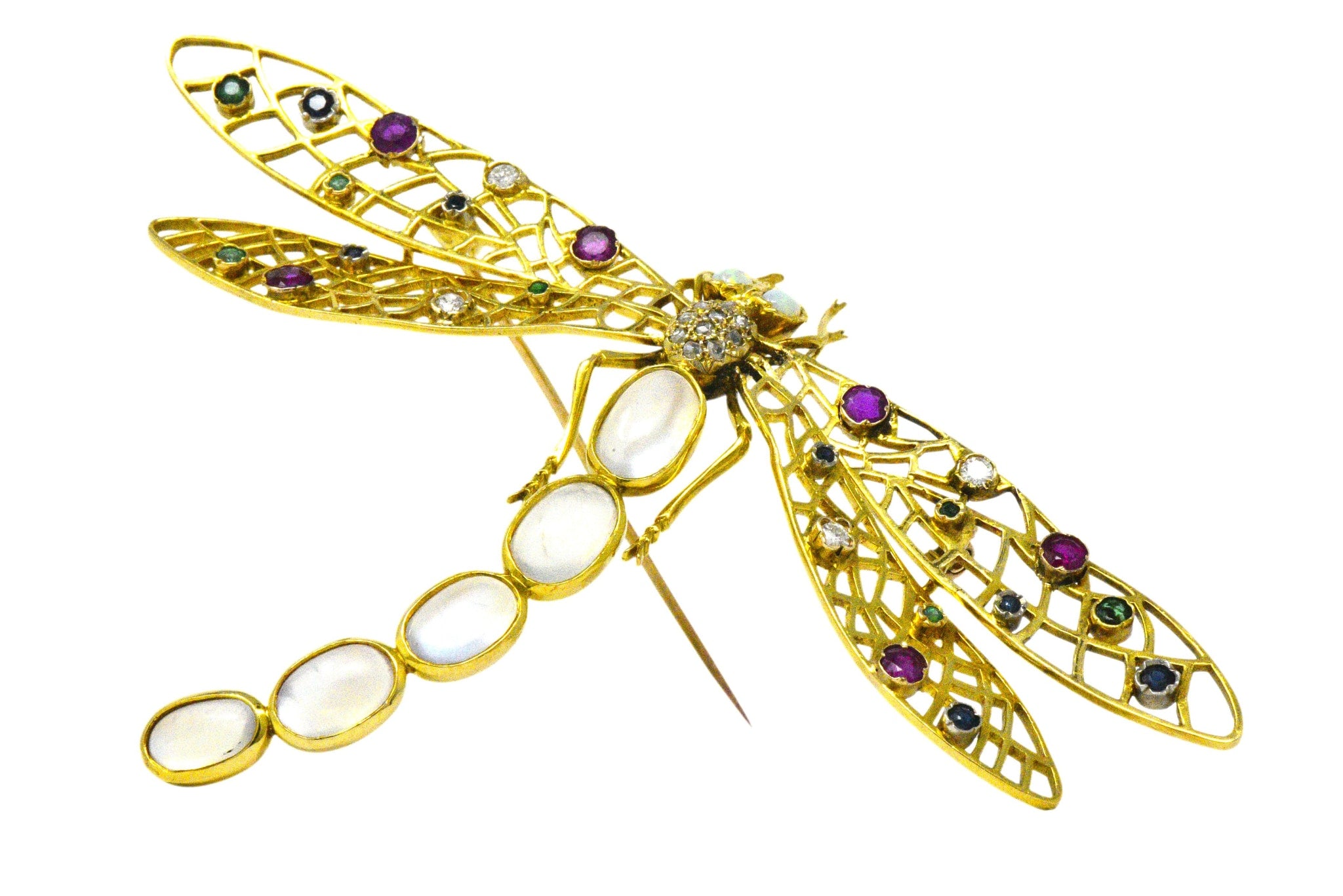 Alluring Large Multi-Gem Diamond Moonstone 18 Karat Gold Dragonfly Brooch Wilson's Estate Jewelry