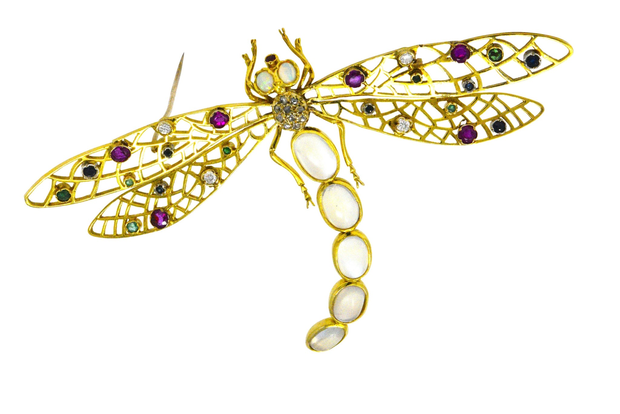 Alluring Large Multi-Gem Diamond Moonstone 18 Karat Gold Dragonfly Brooch Wilson's Estate Jewelry