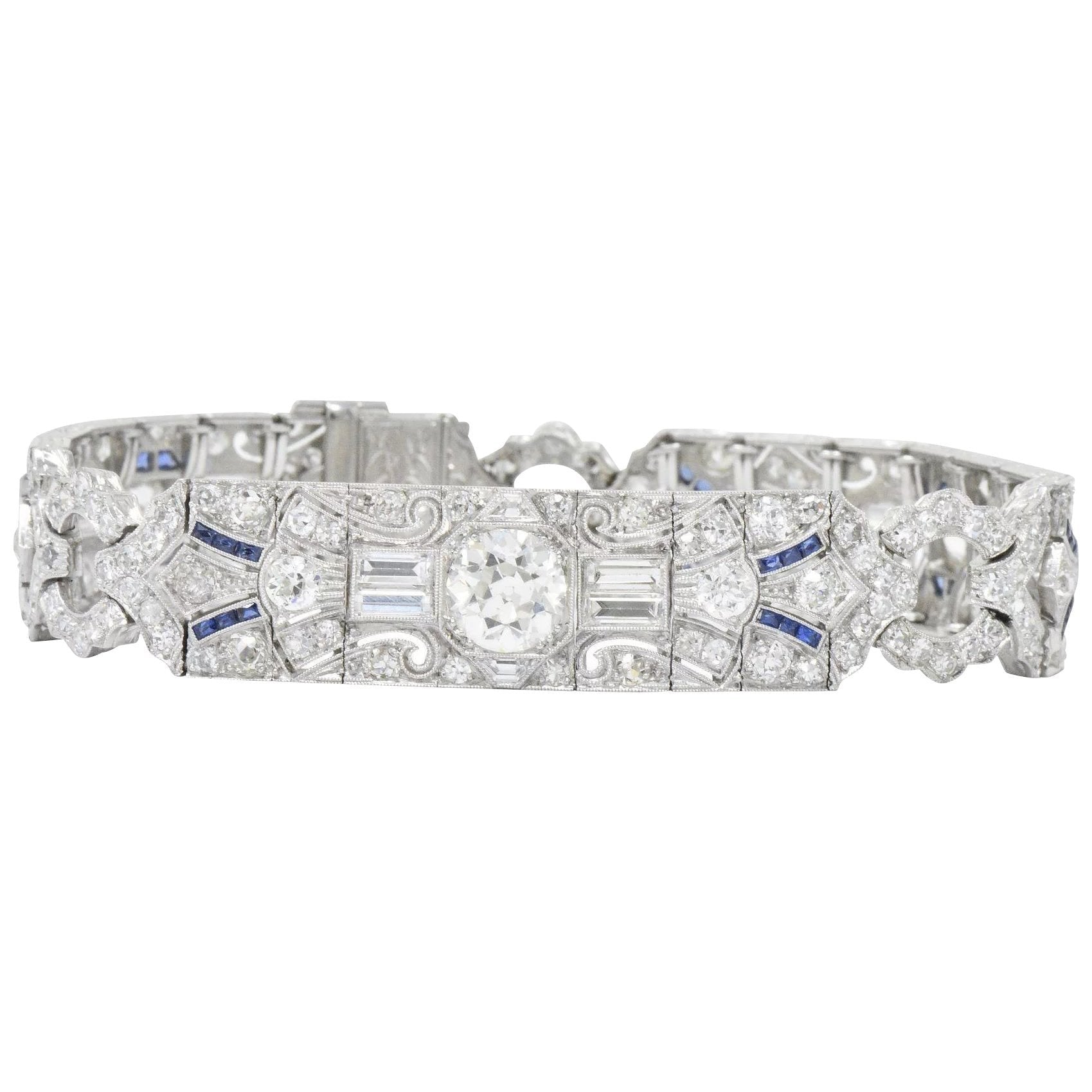 Amazing Art Deco 11.50 CTW Diamond Sapphire Platinum Bracelet Wilson's Estate Jewelry