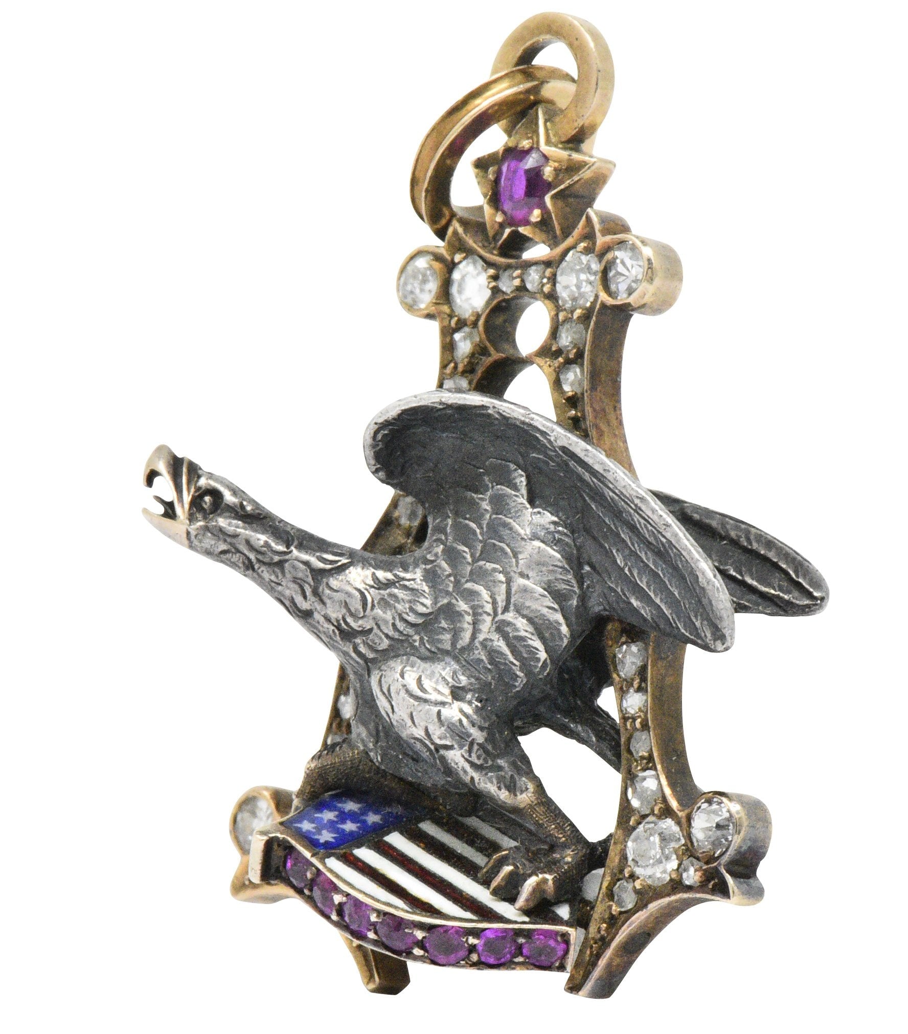 Anheuser Busch 1919 Diamond Ruby Enamel Sterling Silver 14 Karat Gold Eagle Pendant Wilson's Estate Jewelry