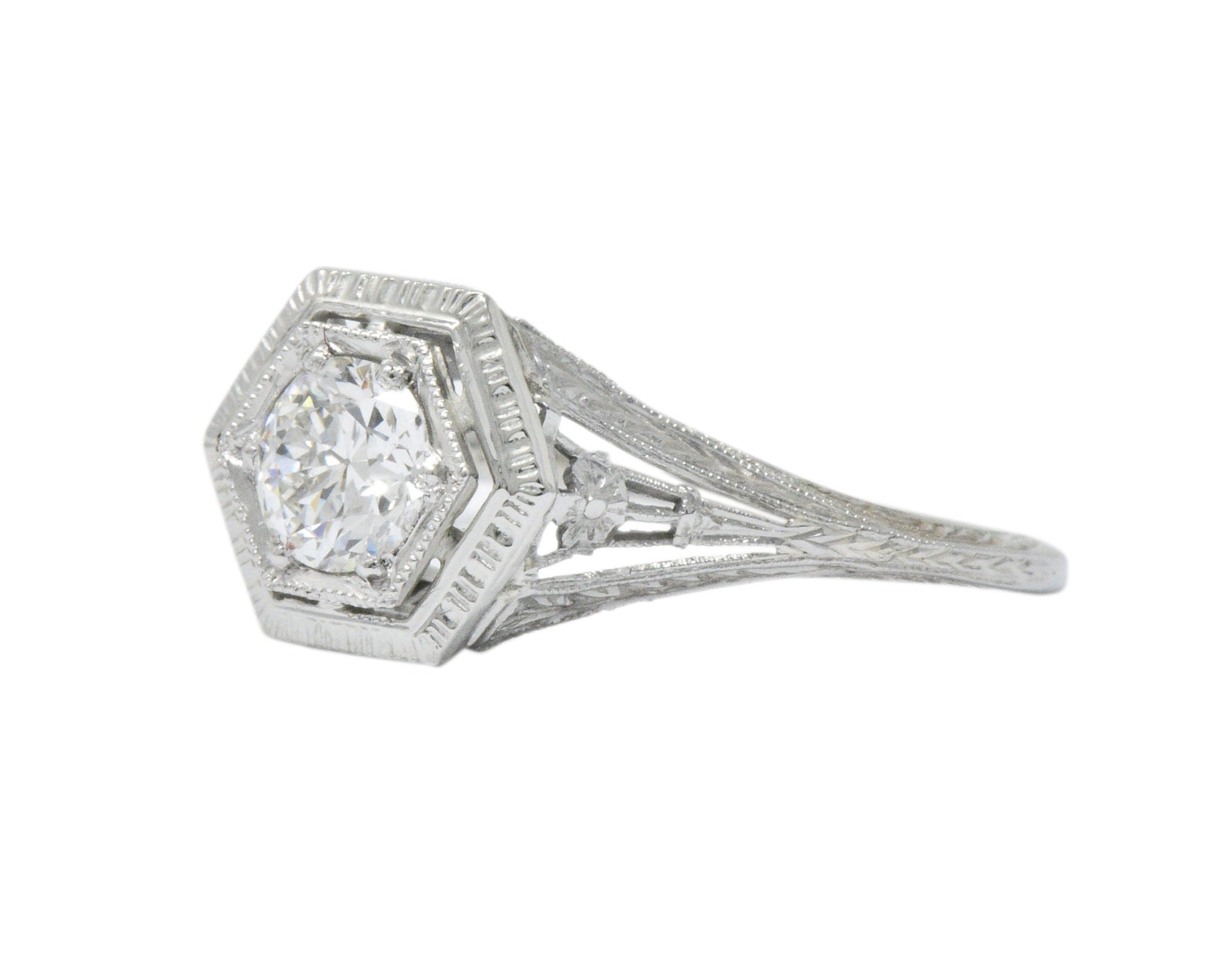 Art Deco 0.51 CTW Diamond 18 Karat White Gold Octagonal Halo Engagement Ring Wilson's Estate Jewelry