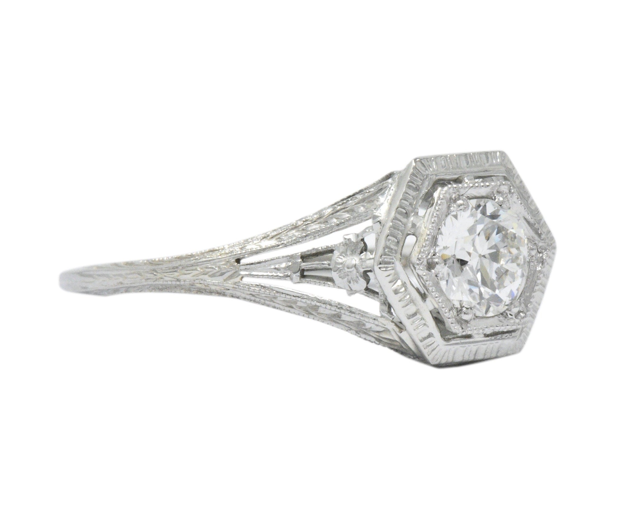 Art Deco 0.51 CTW Diamond 18 Karat White Gold Octagonal Halo Engagement Ring Wilson's Estate Jewelry