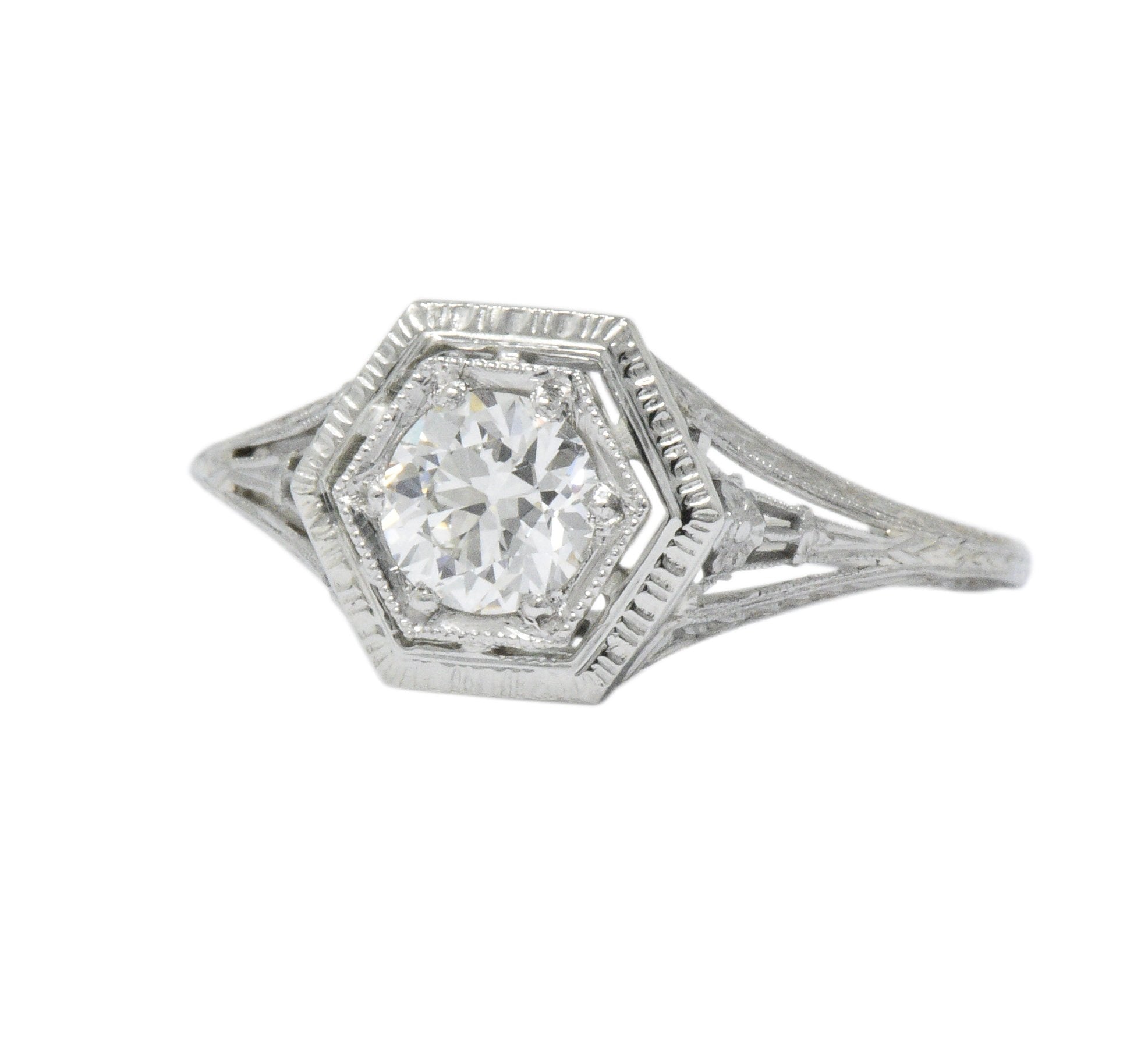 Art Deco 0.51 CTW Diamond 18 Karat White Gold Octagonal Halo Engagement Ring Wilson's Estate Jewelry