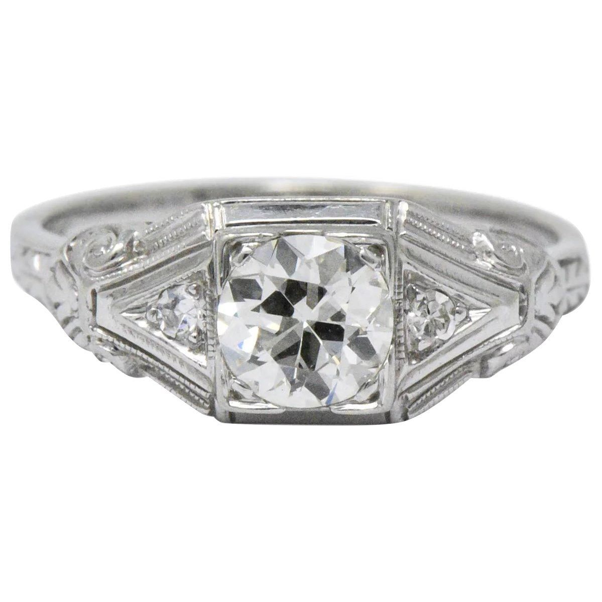 Art Deco 0.59 CTW Diamond 14 Karat White Gold Engagement Ring Wilson's Estate Jewelry