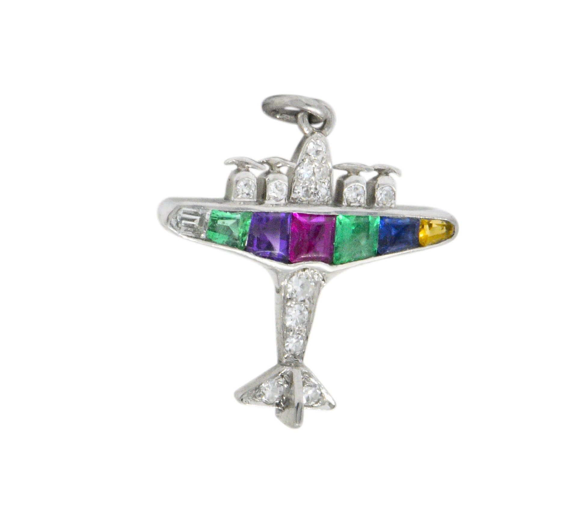 Art Deco 0.60 CTW Diamond Multi-Gemstone 'DEAREST' Platinum Airplane Pendant Wilson's Estate Jewelry