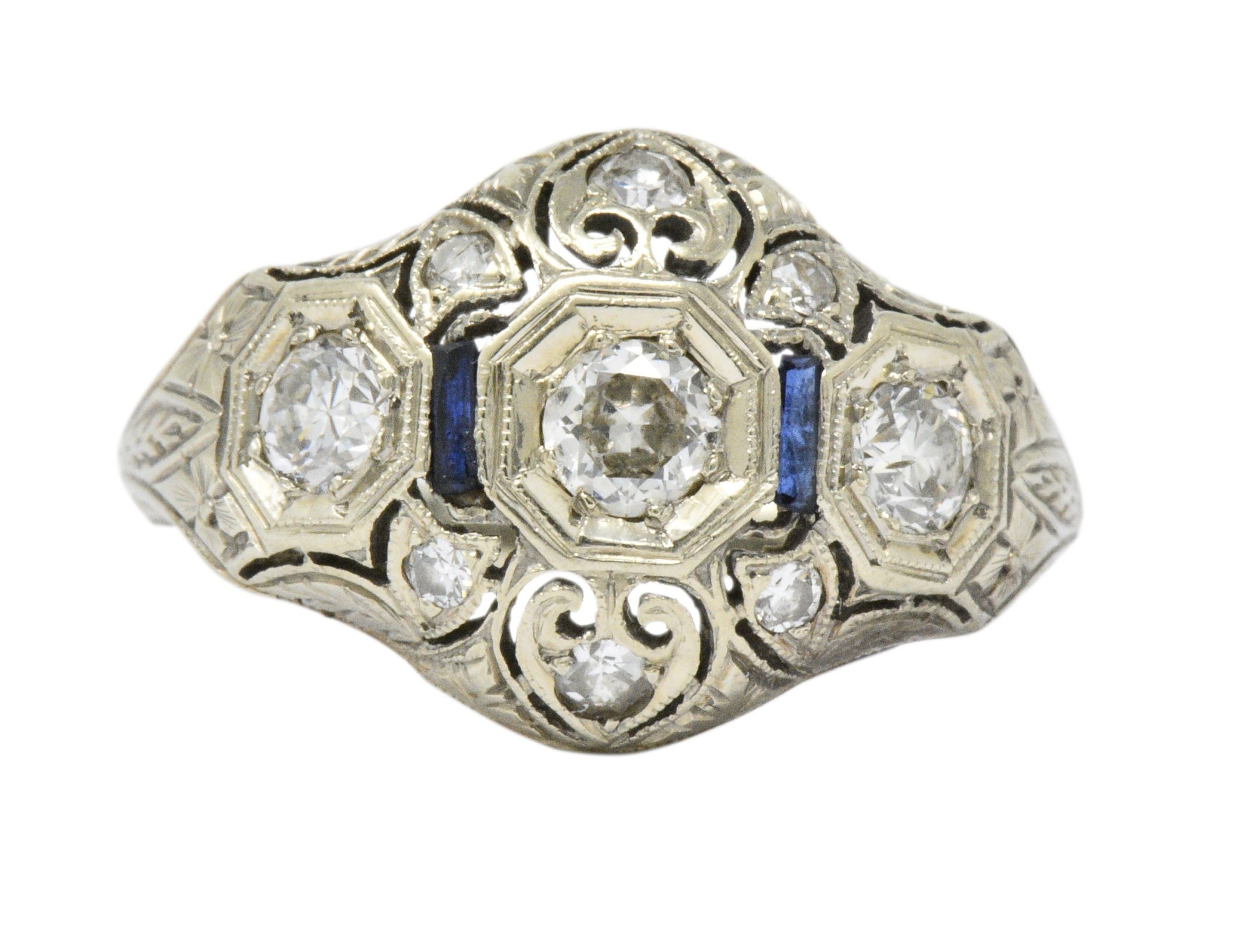 Art Deco 0.60 CTW Diamond Sapphire 18 Karat White Gold Ring Wilson's Estate Jewelry