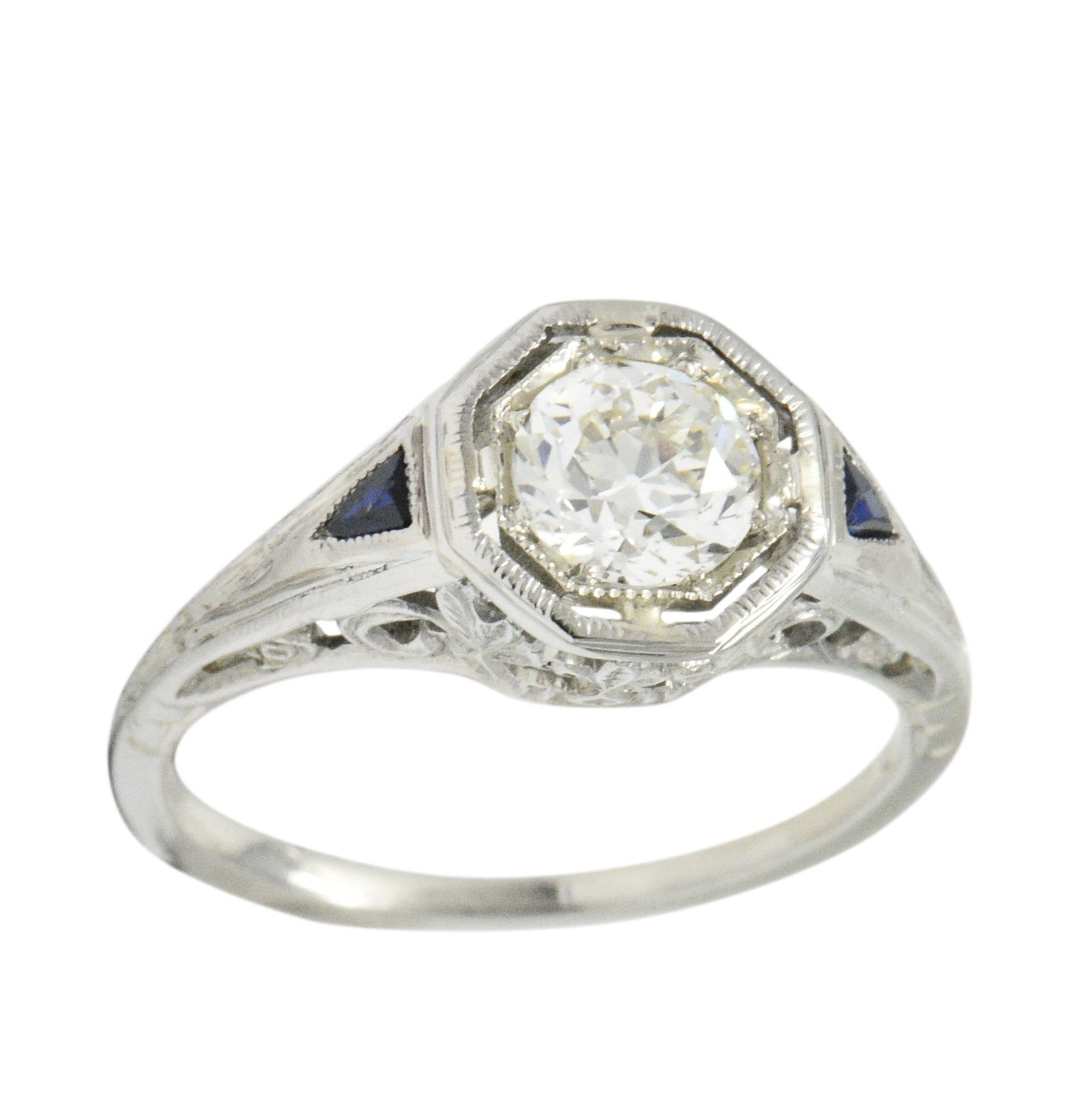 Art Deco 0.69 CTW Diamond Sapphire 18 Karat White Gold Engagement Ring GIA Wilson's Estate Jewelry