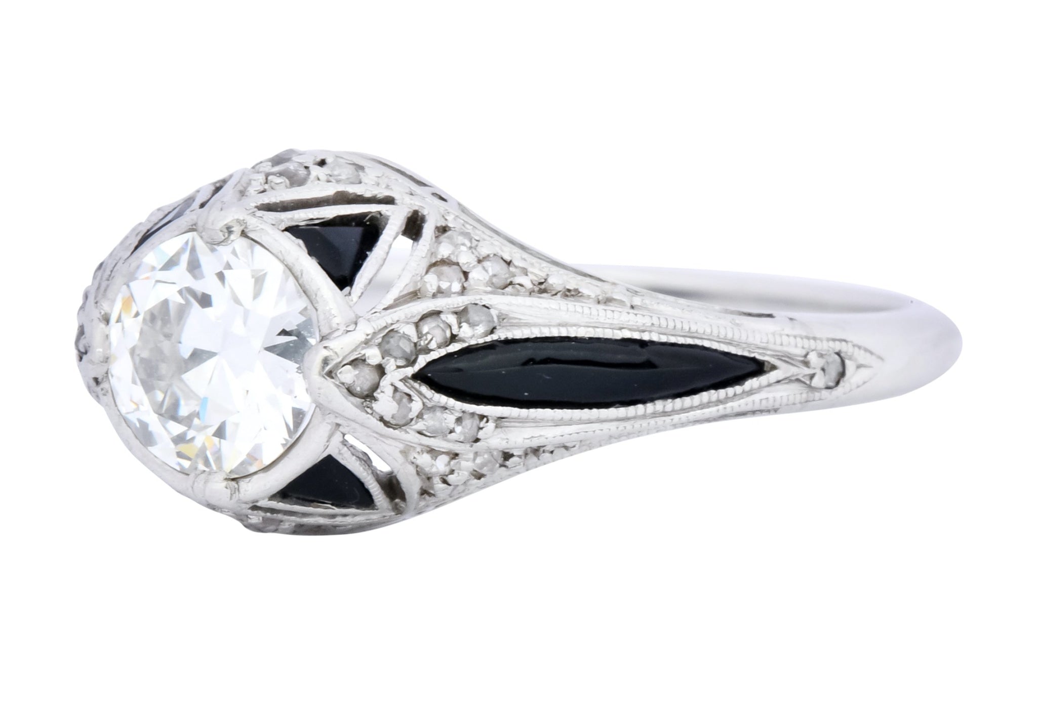 Art Deco 0.80 CTW Diamond Onyx Platinum Engagement Ring - Wilson's Estate Jewelry