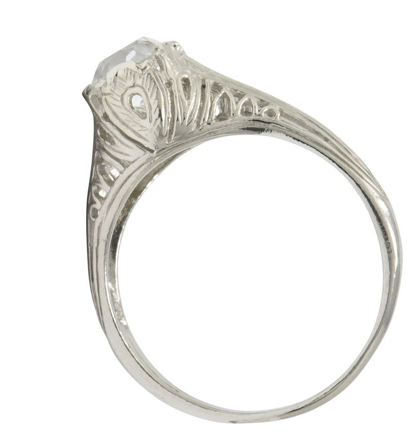 Art Deco 0.92 CTW Old Mine Diamond 18 Karat White Gold Foliate Engagement Ring GIA Wilson's Estate Jewelry