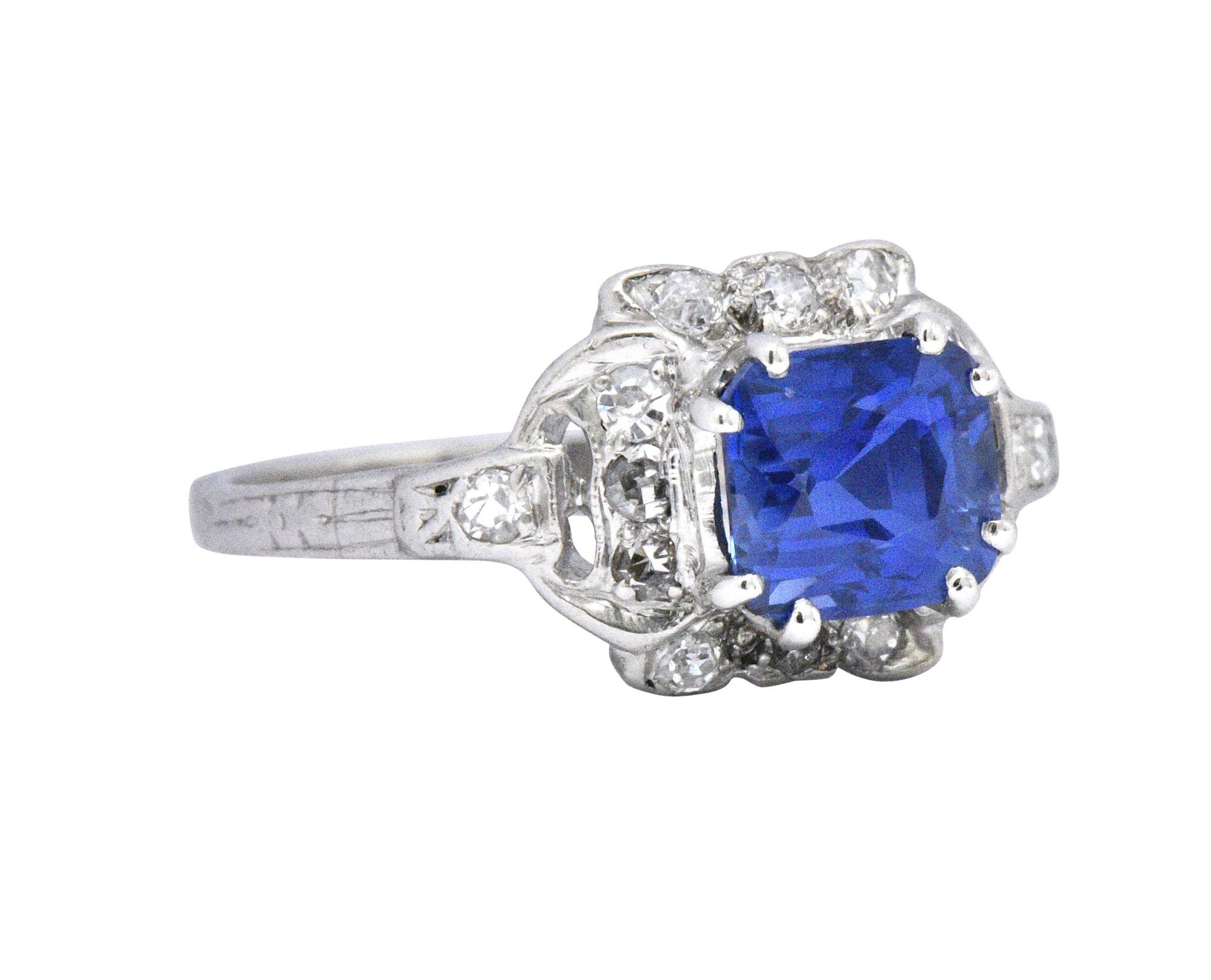 Art Deco 1.67 CTW Unheated Kashmir Sapphire Diamond & Platinum Ring AGL Certified Wilson's Estate Jewelry