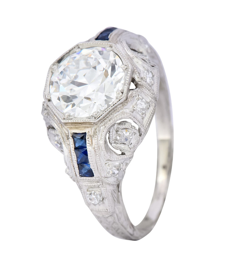 Art Deco 1.83 CTW Diamond Sapphire Platinum Engagement Ring GIA - Wilson's Estate Jewelry
