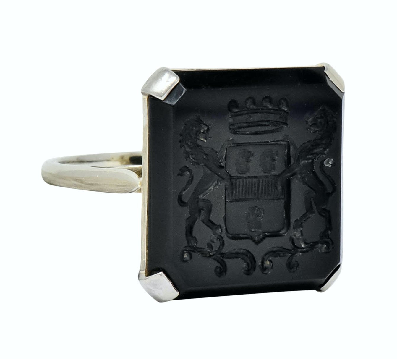 Art Deco 1930 Onyx Intaglio 14 Karat White Gold Heraldry Unisex Ring - Wilson's Estate Jewelry