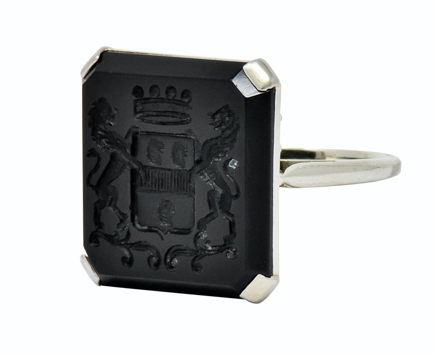 Art Deco 1930 Onyx Intaglio 14 Karat White Gold Heraldry Unisex Ring - Wilson's Estate Jewelry