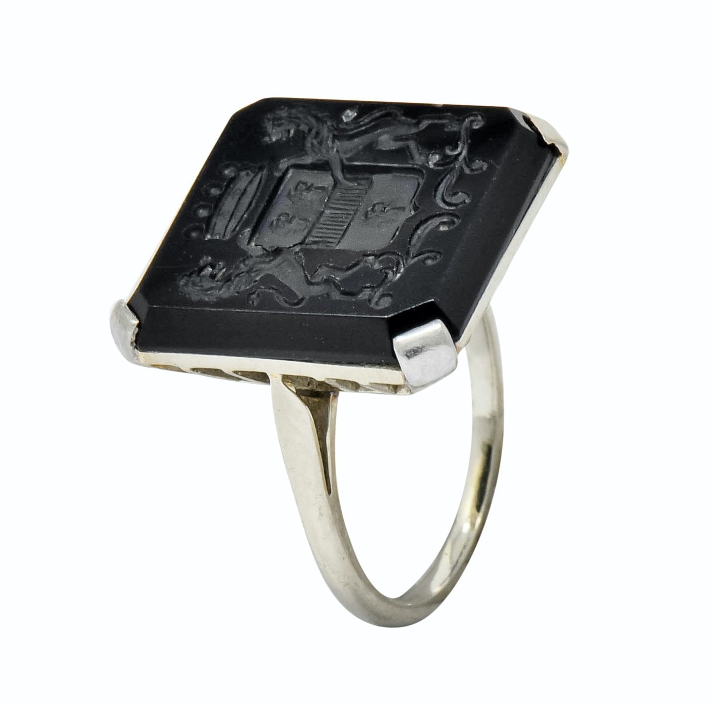 Art Deco 1930 Onyx Intaglio 14 Karat White Gold Heraldry Unisex Ring - Wilson's Estate Jewelry
