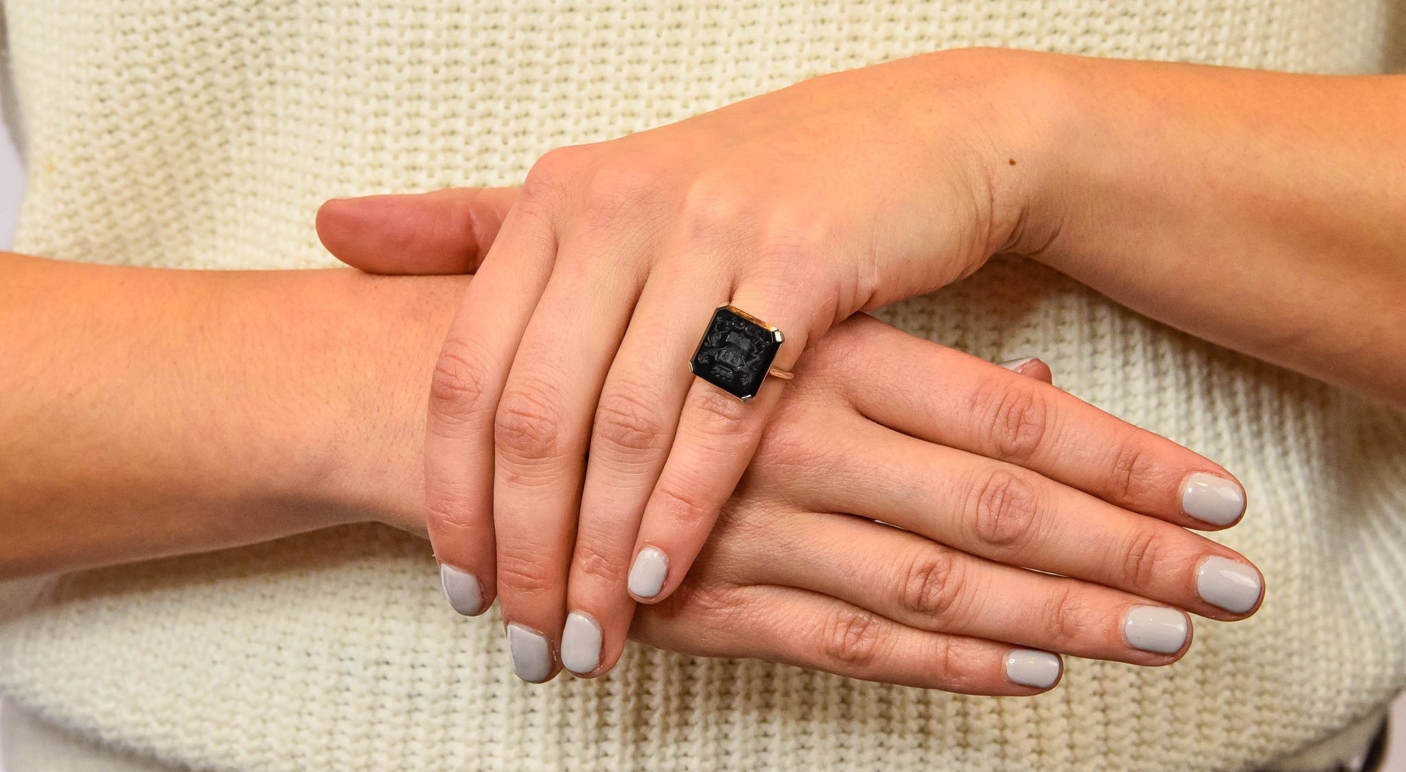 Art Deco 1930 Onyx Intaglio 14 Karat White Gold Heraldry Unisex Ring - Wilson's Estate Jewelry