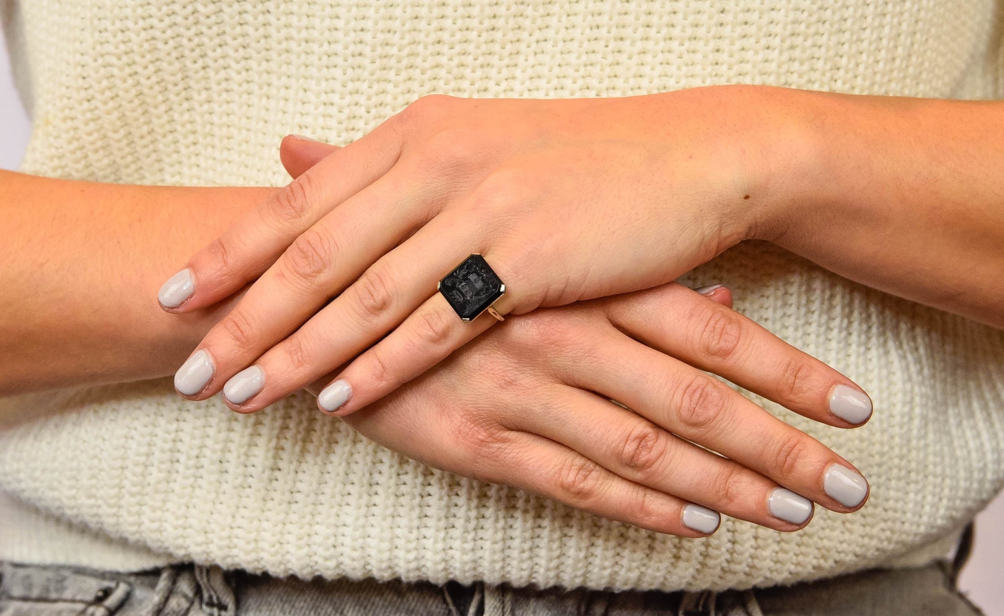 Art Deco 1930 Onyx Intaglio 14 Karat White Gold Heraldry Unisex Ring - Wilson's Estate Jewelry