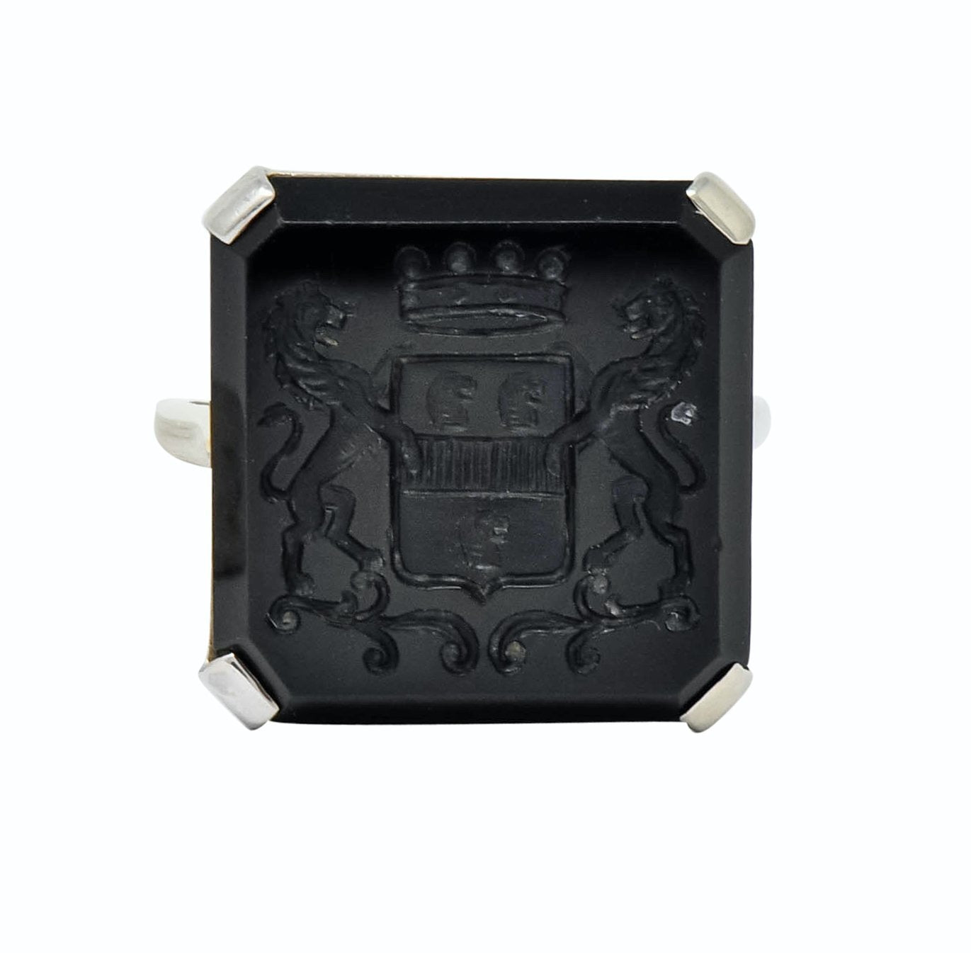 Art Deco 1930 Onyx Intaglio 14 Karat White Gold Heraldry Unisex Ring - Wilson's Estate Jewelry