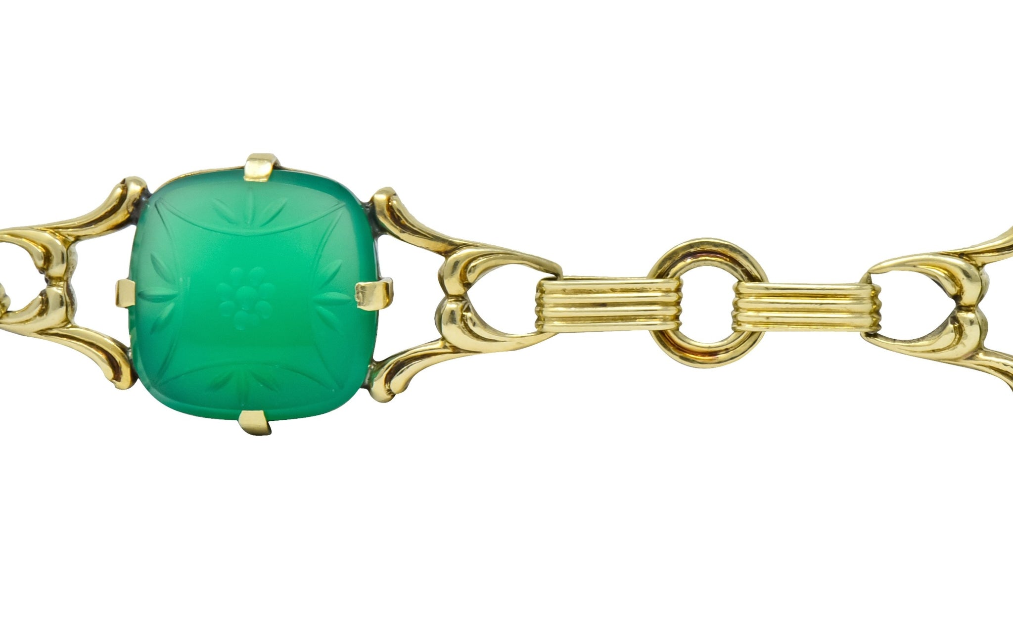 Art Deco 1930's Carved Green Onyx Intaglio 14 Karat Gold Floral Link Bracelet - Wilson's Estate Jewelry