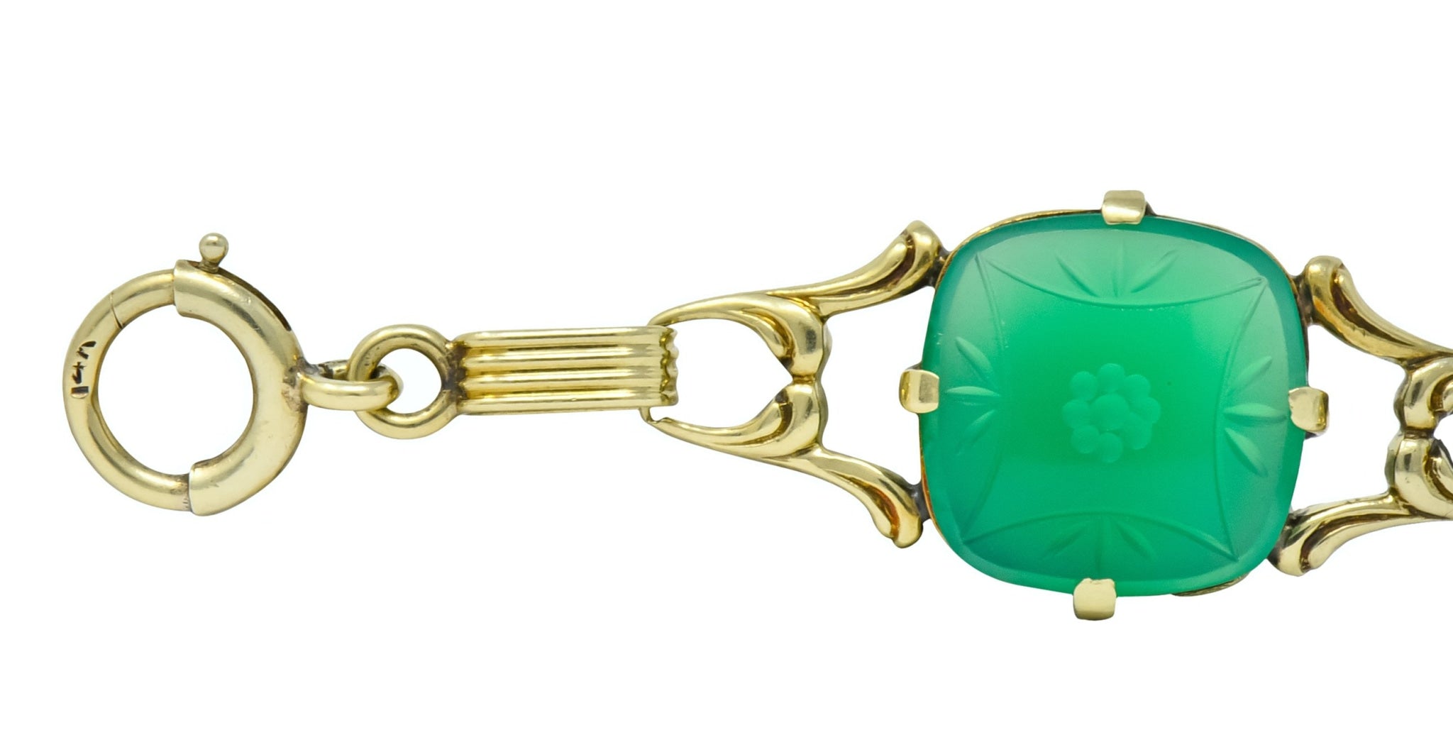Art Deco 1930's Carved Green Onyx Intaglio 14 Karat Gold Floral Link Bracelet - Wilson's Estate Jewelry