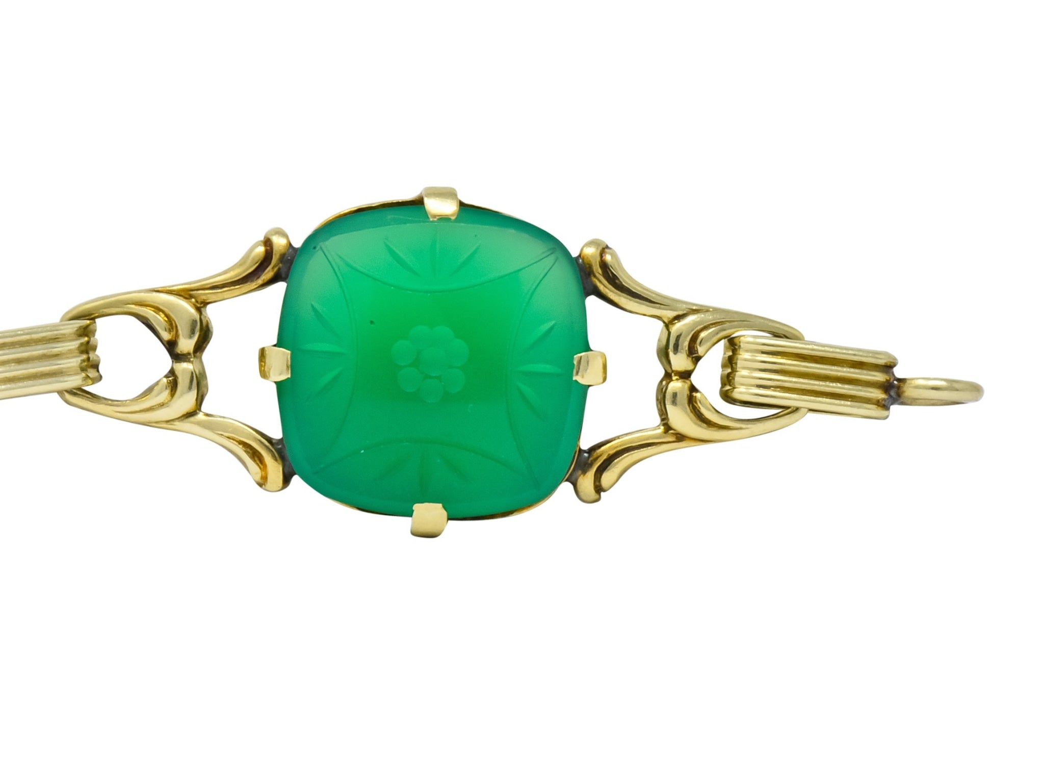 Art Deco 1930's Carved Green Onyx Intaglio 14 Karat Gold Floral Link Bracelet - Wilson's Estate Jewelry