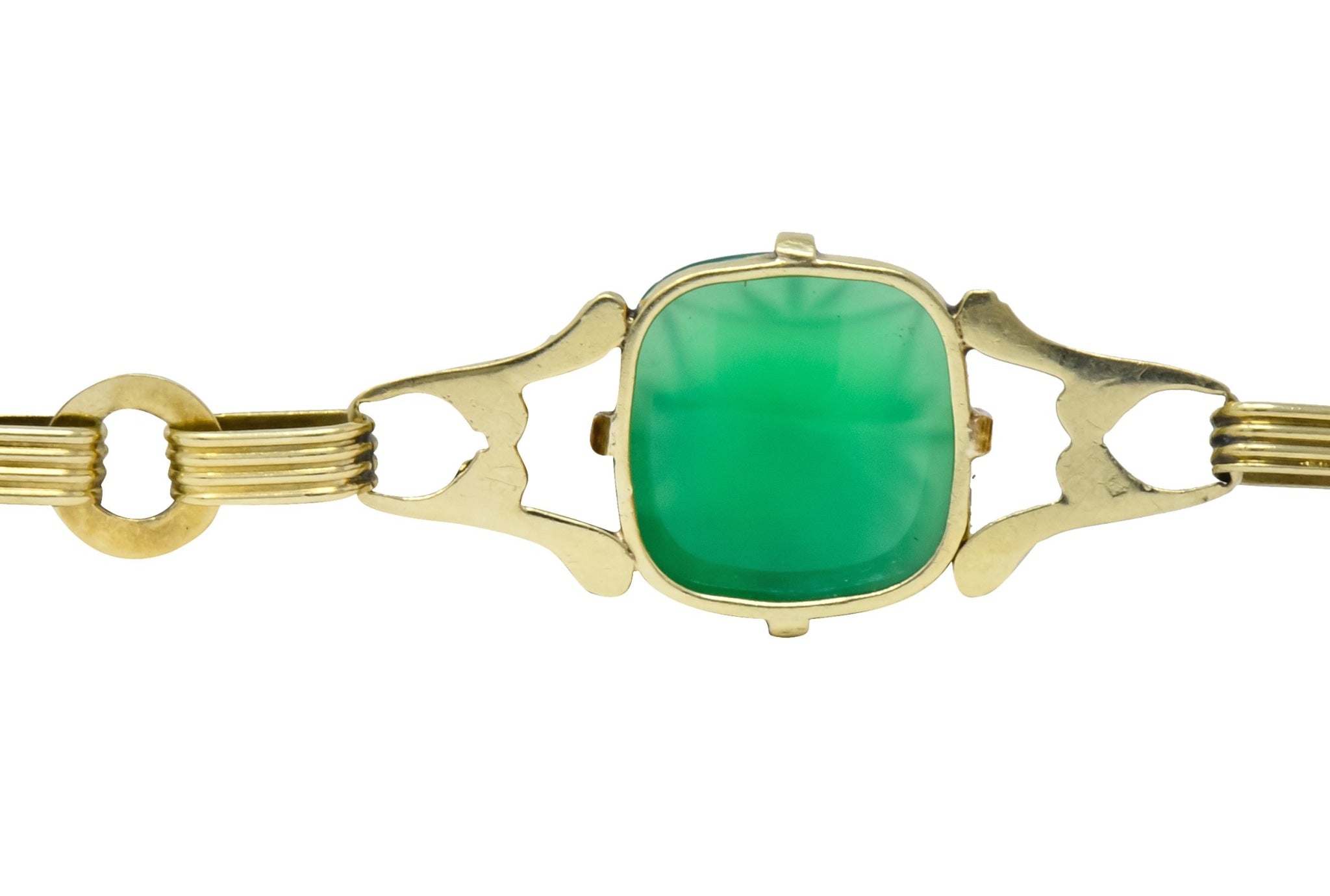 Art Deco 1930's Carved Green Onyx Intaglio 14 Karat Gold Floral Link Bracelet - Wilson's Estate Jewelry